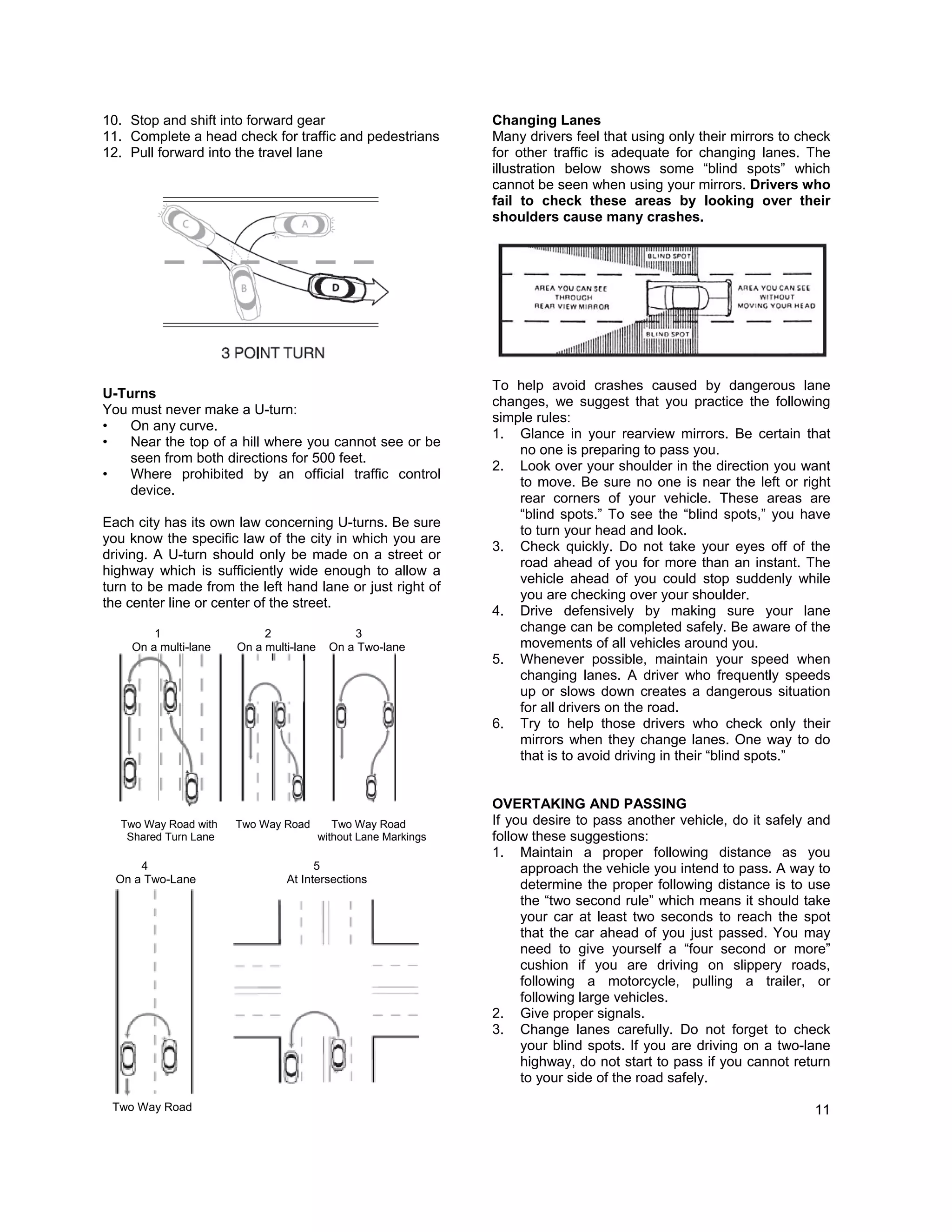 10. Stop and shift into forward gear                             Changing Lanes
11. Complete a head check for traffic and pedestrians            Many drivers feel that using only their mirrors to check
12. Pull forward into the travel lane                            for other traffic is adequate for changing lanes. The
                                                                 illustration below shows some “blind spots” which
                                                                 cannot be seen when using your mirrors. Drivers who
                                                                 fail to check these areas by looking over their
                                                                 shoulders cause many crashes.




                                                                 To help avoid crashes caused by dangerous lane
U-Turns
                                                                 changes, we suggest that you practice the following
You must never make a U-turn:
                                                                 simple rules:
•   On any curve.
                                                                 1. Glance in your rearview mirrors. Be certain that
•   Near the top of a hill where you cannot see or be
                                                                     no one is preparing to pass you.
    seen from both directions for 500 feet.
                                                                 2. Look over your shoulder in the direction you want
•   Where prohibited by an official traffic control
                                                                     to move. Be sure no one is near the left or right
    device.
                                                                     rear corners of your vehicle. These areas are
                                                                     “blind spots.” To see the “blind spots,” you have
Each city has its own law concerning U-turns. Be sure
                                                                     to turn your head and look.
you know the specific law of the city in which you are
                                                                 3. Check quickly. Do not take your eyes off of the
driving. A U-turn should only be made on a street or
                                                                     road ahead of you for more than an instant. The
highway which is sufficiently wide enough to allow a
                                                                     vehicle ahead of you could stop suddenly while
turn to be made from the left hand lane or just right of
                                                                     you are checking over your shoulder.
the center line or center of the street.
                                                                 4. Drive defensively by making sure your lane
        1                   2                  3
                                                                     change can be completed safely. Be aware of the
    On a multi-lane    On a multi-lane     On a Two-lane             movements of all vehicles around you.
                                                                 5. Whenever possible, maintain your speed when
                                                                     changing lanes. A driver who frequently speeds
                                                                     up or slows down creates a dangerous situation
                                                                     for all drivers on the road.
                                                                 6. Try to help those drivers who check only their
                                                                     mirrors when they change lanes. One way to do
                                                                     that is to avoid driving in their “blind spots.”


                                                                 OVERTAKING AND PASSING
   Two Way Road with   Two Way Road         Two Way Road         If you desire to pass another vehicle, do it safely and
    Shared Turn Lane                     without Lane Markings   follow these suggestions:
                                                                 1. Maintain a proper following distance as you
      4                               5                               approach the vehicle you intend to pass. A way to
  On a Two-Lane                 At Intersections
                                                                      determine the proper following distance is to use
                                                                      the “two second rule” which means it should take
                                                                      your car at least two seconds to reach the spot
                                                                      that the car ahead of you just passed. You may
                                                                      need to give yourself a “four second or more”
                                                                      cushion if you are driving on slippery roads,
                                                                      following a motorcycle, pulling a trailer, or
                                                                      following large vehicles.
                                                                 2. Give proper signals.
                                                                 3. Change lanes carefully. Do not forget to check
                                                                      your blind spots. If you are driving on a two-lane
                                                                      highway, do not start to pass if you cannot return
                                                                      to your side of the road safely.

 Two Way Road                                                                                                         11
 