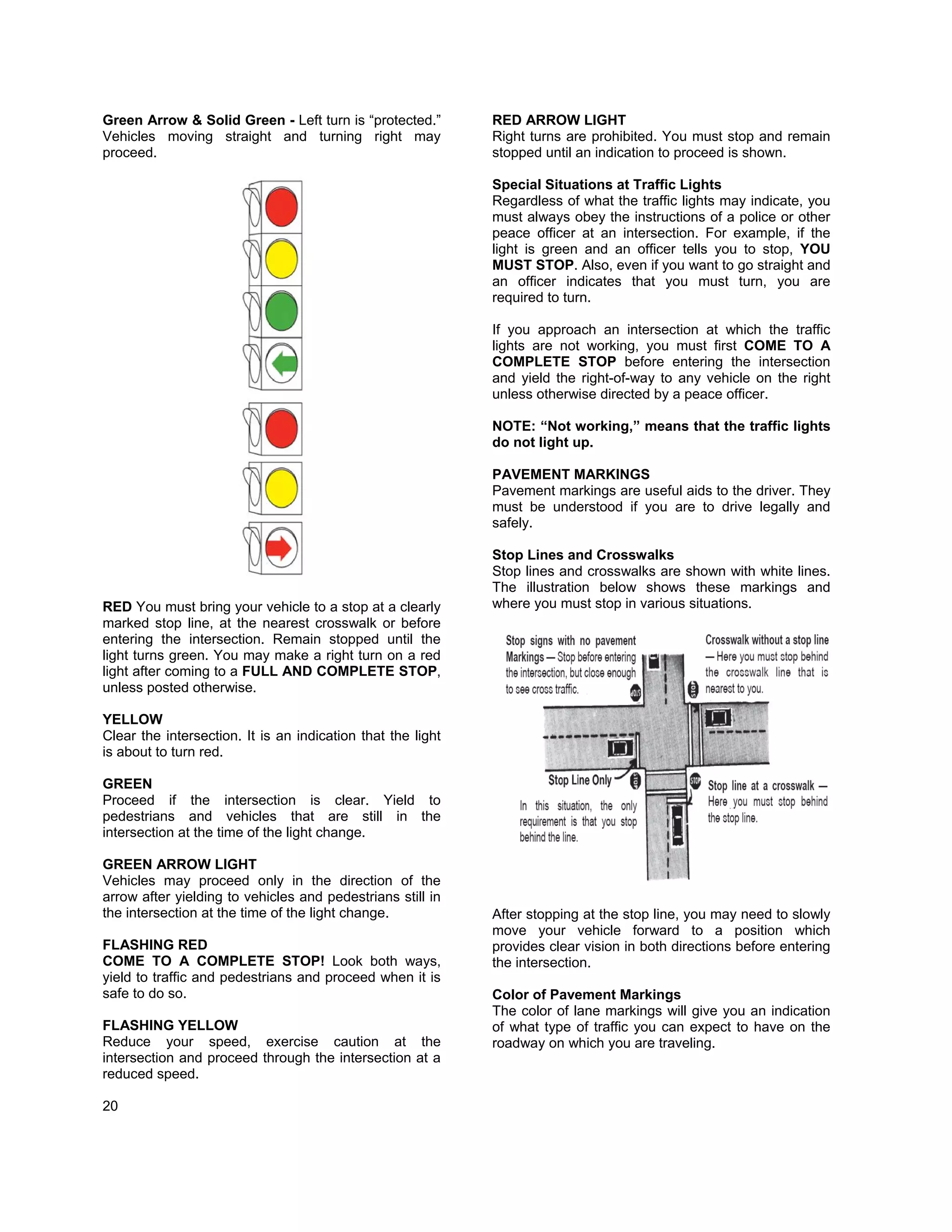Green Arrow & Solid Green - Left turn is “protected.”        RED ARROW LIGHT
Vehicles moving straight and turning right may               Right turns are prohibited. You must stop and remain
proceed.                                                     stopped until an indication to proceed is shown.

                                                             Special Situations at Traffic Lights
                                                             Regardless of what the traffic lights may indicate, you
                                                             must always obey the instructions of a police or other
                                                             peace officer at an intersection. For example, if the
                                                             light is green and an officer tells you to stop, YOU
                                                             MUST STOP. Also, even if you want to go straight and
                                                             an officer indicates that you must turn, you are
                                                             required to turn.

                                                             If you approach an intersection at which the traffic
                                                             lights are not working, you must first COME TO A
                                                             COMPLETE STOP before entering the intersection
                                                             and yield the right-of-way to any vehicle on the right
                                                             unless otherwise directed by a peace officer.

                                                             NOTE: “Not working,” means that the traffic lights
                                                             do not light up.

                                                             PAVEMENT MARKINGS
                                                             Pavement markings are useful aids to the driver. They
                                                             must be understood if you are to drive legally and
                                                             safely.

                                                             Stop Lines and Crosswalks
                                                             Stop lines and crosswalks are shown with white lines.
                                                             The illustration below shows these markings and
RED You must bring your vehicle to a stop at a clearly       where you must stop in various situations.
marked stop line, at the nearest crosswalk or before
entering the intersection. Remain stopped until the
light turns green. You may make a right turn on a red
light after coming to a FULL AND COMPLETE STOP,
unless posted otherwise.

YELLOW
Clear the intersection. It is an indication that the light
is about to turn red.

GREEN
Proceed if the intersection is clear. Yield to
pedestrians and vehicles that are still in the
intersection at the time of the light change.

GREEN ARROW LIGHT
Vehicles may proceed only in the direction of the
arrow after yielding to vehicles and pedestrians still in
the intersection at the time of the light change.            After stopping at the stop line, you may need to slowly
                                                             move your vehicle forward to a position which
FLASHING RED                                                 provides clear vision in both directions before entering
COME TO A COMPLETE STOP! Look both ways,                     the intersection.
yield to traffic and pedestrians and proceed when it is
safe to do so.                                               Color of Pavement Markings
                                                             The color of lane markings will give you an indication
FLASHING YELLOW                                              of what type of traffic you can expect to have on the
Reduce your speed, exercise caution at the                   roadway on which you are traveling.
intersection and proceed through the intersection at a
reduced speed.

20
 