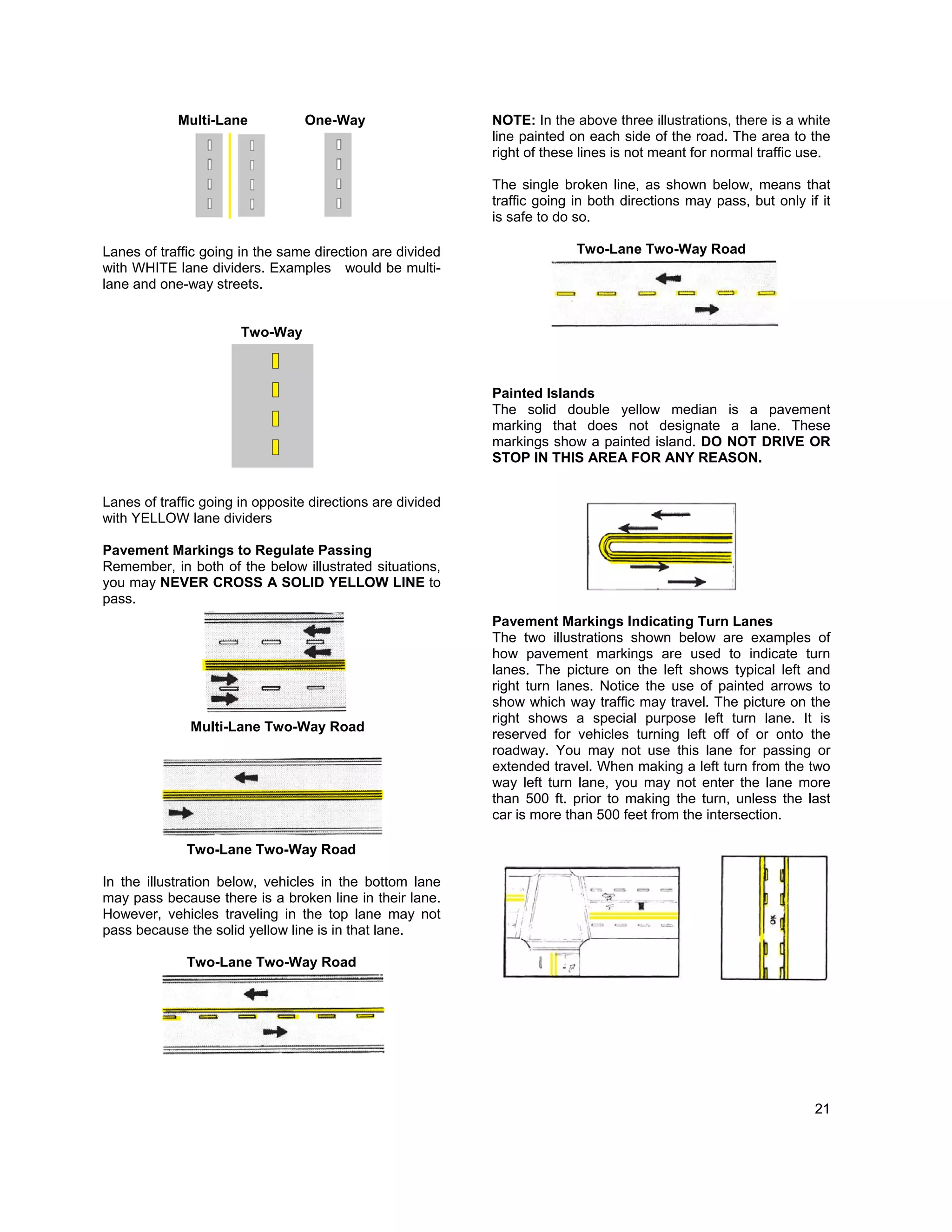 Multi-Lane            One-Way                   NOTE: In the above three illustrations, there is a white
                                                            line painted on each side of the road. The area to the
                                                            right of these lines is not meant for normal traffic use.

                                                            The single broken line, as shown below, means that
                                                            traffic going in both directions may pass, but only if it
                                                            is safe to do so.

Lanes of traffic going in the same direction are divided                  Two-Lane Two-Way Road
with WHITE lane dividers. Examples would be multi-
lane and one-way streets.


                       Two-Way



                                                            Painted Islands
                                                            The solid double yellow median is a pavement
                                                            marking that does not designate a lane. These
                                                            markings show a painted island. DO NOT DRIVE OR
                                                            STOP IN THIS AREA FOR ANY REASON.


Lanes of traffic going in opposite directions are divided
with YELLOW lane dividers

Pavement Markings to Regulate Passing
Remember, in both of the below illustrated situations,
you may NEVER CROSS A SOLID YELLOW LINE to
pass.
                                                            Pavement Markings Indicating Turn Lanes
                                                            The two illustrations shown below are examples of
                                                            how pavement markings are used to indicate turn
                                                            lanes. The picture on the left shows typical left and
                                                            right turn lanes. Notice the use of painted arrows to
                                                            show which way traffic may travel. The picture on the
                                                            right shows a special purpose left turn lane. It is
              Multi-Lane Two-Way Road
                                                            reserved for vehicles turning left off of or onto the
                                                            roadway. You may not use this lane for passing or
                                                            extended travel. When making a left turn from the two
                                                            way left turn lane, you may not enter the lane more
                                                            than 500 ft. prior to making the turn, unless the last
                                                            car is more than 500 feet from the intersection.

              Two-Lane Two-Way Road

In the illustration below, vehicles in the bottom lane
may pass because there is a broken line in their lane.
However, vehicles traveling in the top lane may not
pass because the solid yellow line is in that lane.

              Two-Lane Two-Way Road




                                                                                                                  21
 