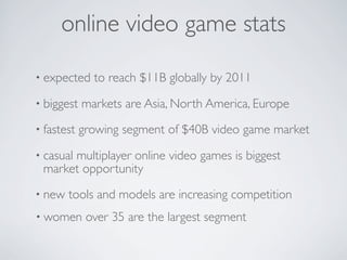 online video game stats

• expected    to reach $11B globally by 2011
• biggest   markets are Asia, North America, Europe
• fastest   growing segment of $40B video game market
• casual
      multiplayer online video games is biggest
 market opportunity
• new   tools and models are increasing competition
• women      over 35 are the largest segment
 