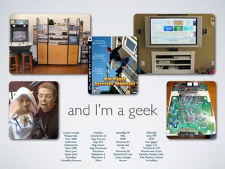 and I’m a geek
 Custom arcade        NeoGeo          GameBoy SP              XBox360
  Pong arcade      TurboGrafx-16          NES                 Sony PSP
   Atari 2600       Sega Genesis         SNES                   3DO
   Intellivision      Sega 32X        Nintendo 64           Atari Jaguar
  Colecovision       Sega Saturn       GameCube              Jaguar CD
   Atari 5200      Sega Dreamcast         Wii            TurboGrafx CD
    Atari Lynx       Playstation      Nintendo DS       Wonderswan Color
  Game Gear         Playstation 2   Nintendo DS Lite   NeoGeo Pocket Color
    GameBoy         Playstation 3    Coleco Ranger     Pole Position Cabinet
GameBoy Advance         XBox            Vectrex             VirtualBoy
 