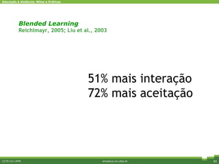 Blended Learning Reichlmayr, 2005; Liu et al., 2003 CCTE-Cin-UFPE amadeus.cin.ufpe.br Diferenciais competitivos 51% mais interação 72% mais aceitação 