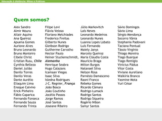 Quem somos? CCTE-Cin-UFPE amadeus.cin.ufpe.br Alex Sandro Almir Moura Altair Aquino Ana Queiroz Apuena Gomes Aurione Alves Bruno Leonardo Bruno Monteiro Cibele Christ Cristian Rusu,  Chile Cynthia Belleza Daniel Julião Danilo Torres Danilo Veras Dante Aurélio Eliaquim Lima Enoque Calvino Erick Pinheiro Fábio Caparica Fernando Fonseca Fernando Souza Fernando Trinta Júlio Markovitch Laís Neves Leonardo Medeiros Leonardo Nunes Luanna Lopes Lobato Luís Fernando Maiely Janys Marcelo Queiroz Maria Cláudia Costa Maurício Braga Milton Burgos Natanael Silva Nelson Rosa Parnésio Damasceno Raoni Franco Rebeka Gomes Ricardo Câmara Rodrigo Lumack Rodrigo Santos Rodrigo Siqueira Rogério Nibon Samyr Santos Sávio Domingos  Sávio Lima Sérgio Mendonça Socorro Vânia Stephania Padovani Taciana Pontual Tássio Virgínio Thiago Moreira Tiago Buarque Tiago Remígio Vinícius Pádua Vítor Costa Viviane Aureliano Walkíria Branco Yasmine Mota Yuri César Filipe Levi Flávia Veloso Floriano Melchiades Frederico Freitas Gilberto Nunes Gleibson Rodrigo Guilherme Carvalho Hector Paulo Heiner Stuckenschmidt ,  Alemanha Henrique Seabra Hugo Calazans Icamaan Viegas Isaac Silva Isledna Rodrigues J-C. Regnier,  França João Bosco João Coutinho Jocélio Passos Jorge Ramos José Santos Joseane Ribeiro 