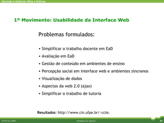 CCTE-Cin-UFPE amadeus.cin.ufpe.br Problemas formulados: Simplificar o trabalho   docente  em EaD Avaliação em EaD Gestão de conteúdo em ambientes de ensino Percepção social em interface  web e a mbientes síncronos Visualização de dados Aspectos da web 2.0 (ajax) Simplificar o trabalho de tutoria Resultados : http://www.cin.ufpe.br/~ccte. 1º Movimento: Usabilidade da Interface Web 
