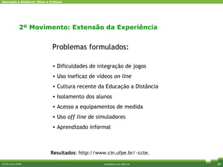 CCTE-Cin-UFPE amadeus.cin.ufpe.br Problemas formulados: Dificuldades de integração de jogos Uso  ineficaz  de vídeos   on line Cultura recente da Educação a Distância Isolamento dos alunos Acesso a equipamentos de medida Uso  off line  de simuladores Aprendizado informal Resultados : http://www.cin.ufpe.br/~ccte. 2º Movimento: Extensão da Experiência  