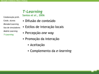 T-Learning Santos  et al. , 2006  Difusão de conteúdo Estilos de interação locais Percepção  one way Promoção da interação Aceitação Complemento da  e-learning Colaboração profs Colab. alunos Blended Learning Uso de simuladores Mobile Learning T-Learning 