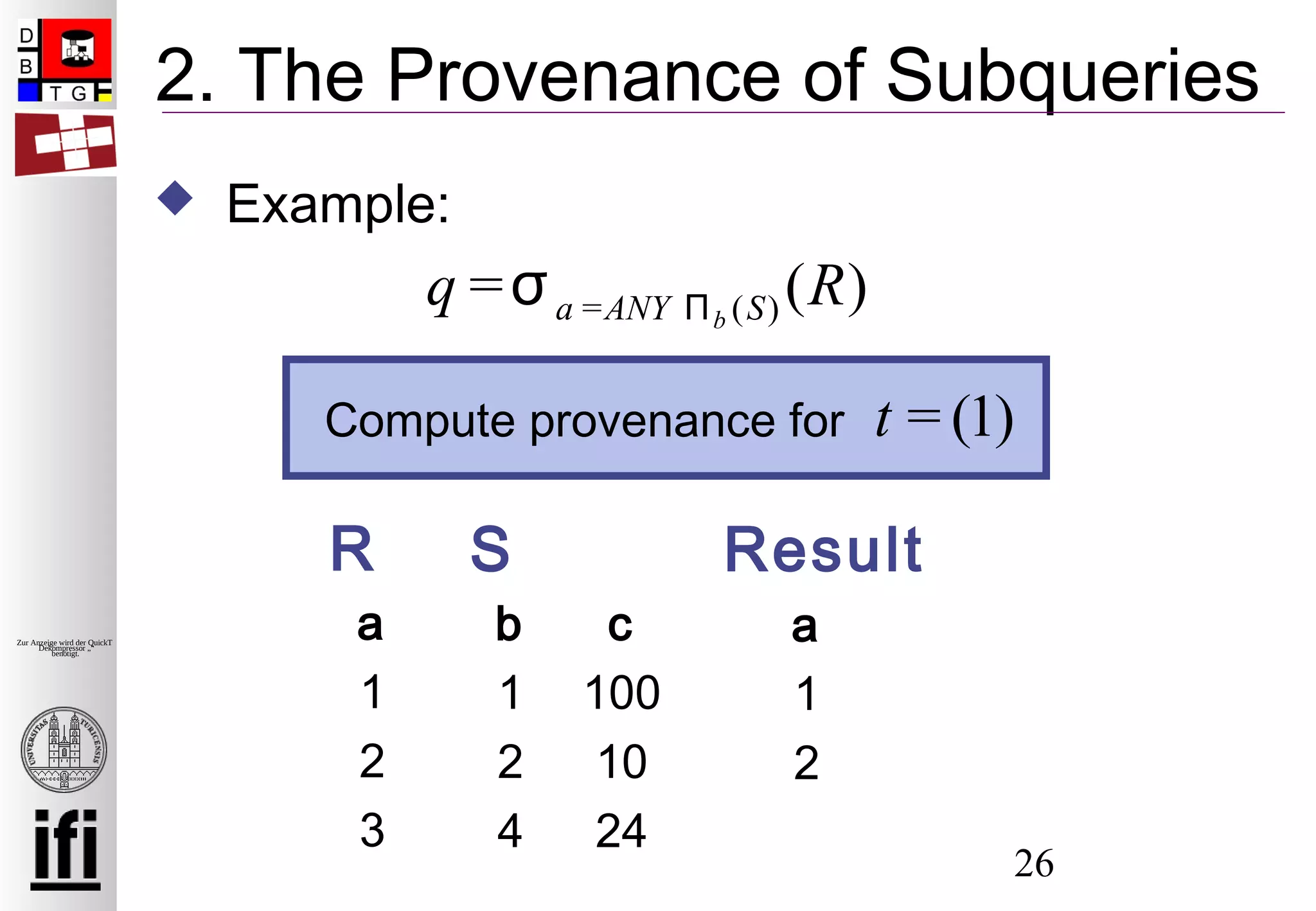 26
Zur Anzeige wird der QuickTime™
Dekompressor „“
benötigt.
2. The Provenance of Subqueries
a
1
2
3
b c
1 100
2 10
4 24
SR
q =σa =ANY Πb (S) (R)
a
1
2
Result
Compute provenance for t = (1)
 Example:
 
