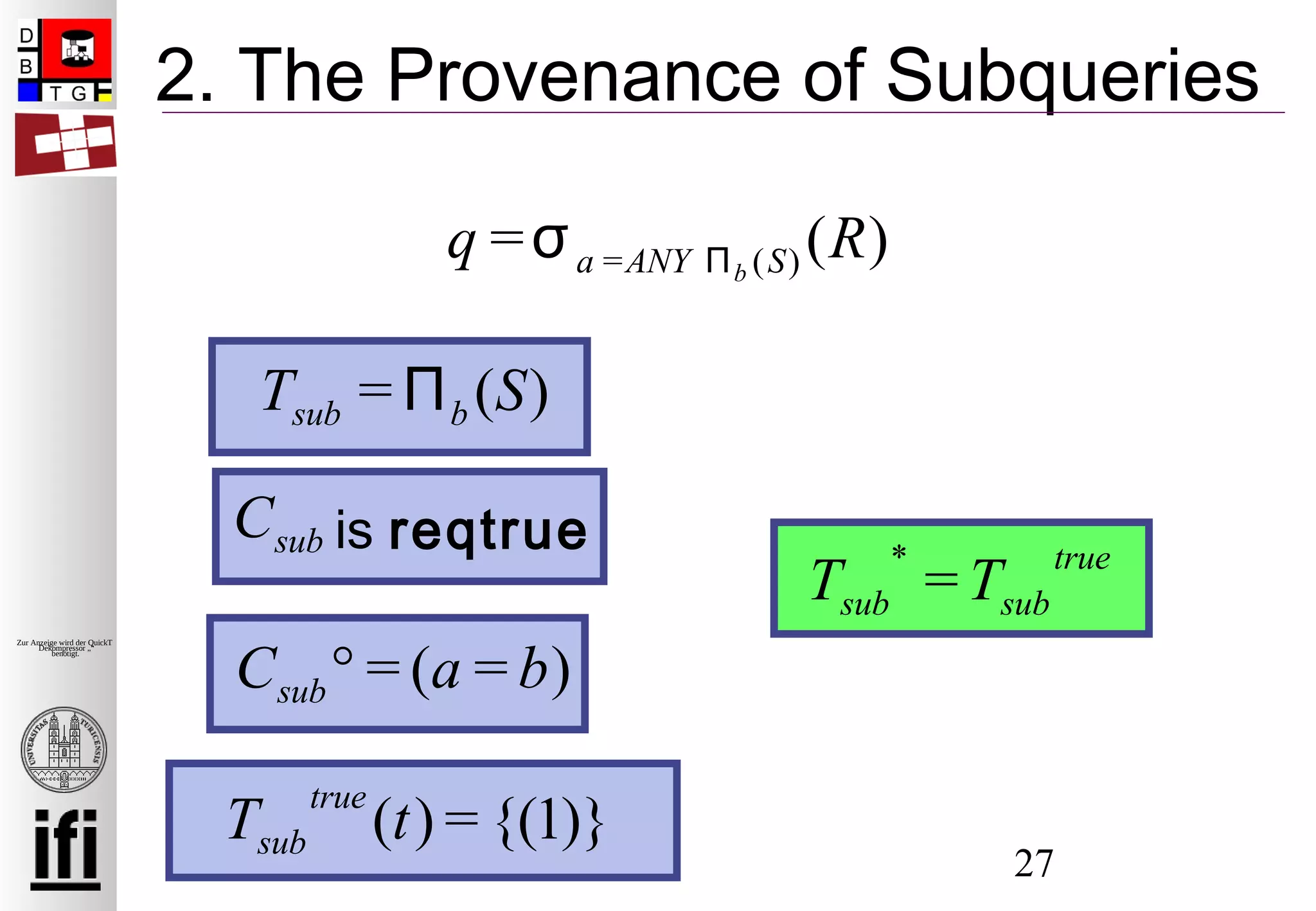 27
Zur Anzeige wird der QuickTime™
Dekompressor „“
benötigt.
2. The Provenance of Subqueries
Tsub = Πb (S)
Tsub
true
(t) = {(1)}
is reqtrueCsub
Tsub
*
=Tsub
true
Csub° = (a = b)
q =σa =ANY Πb (S) (R)
 