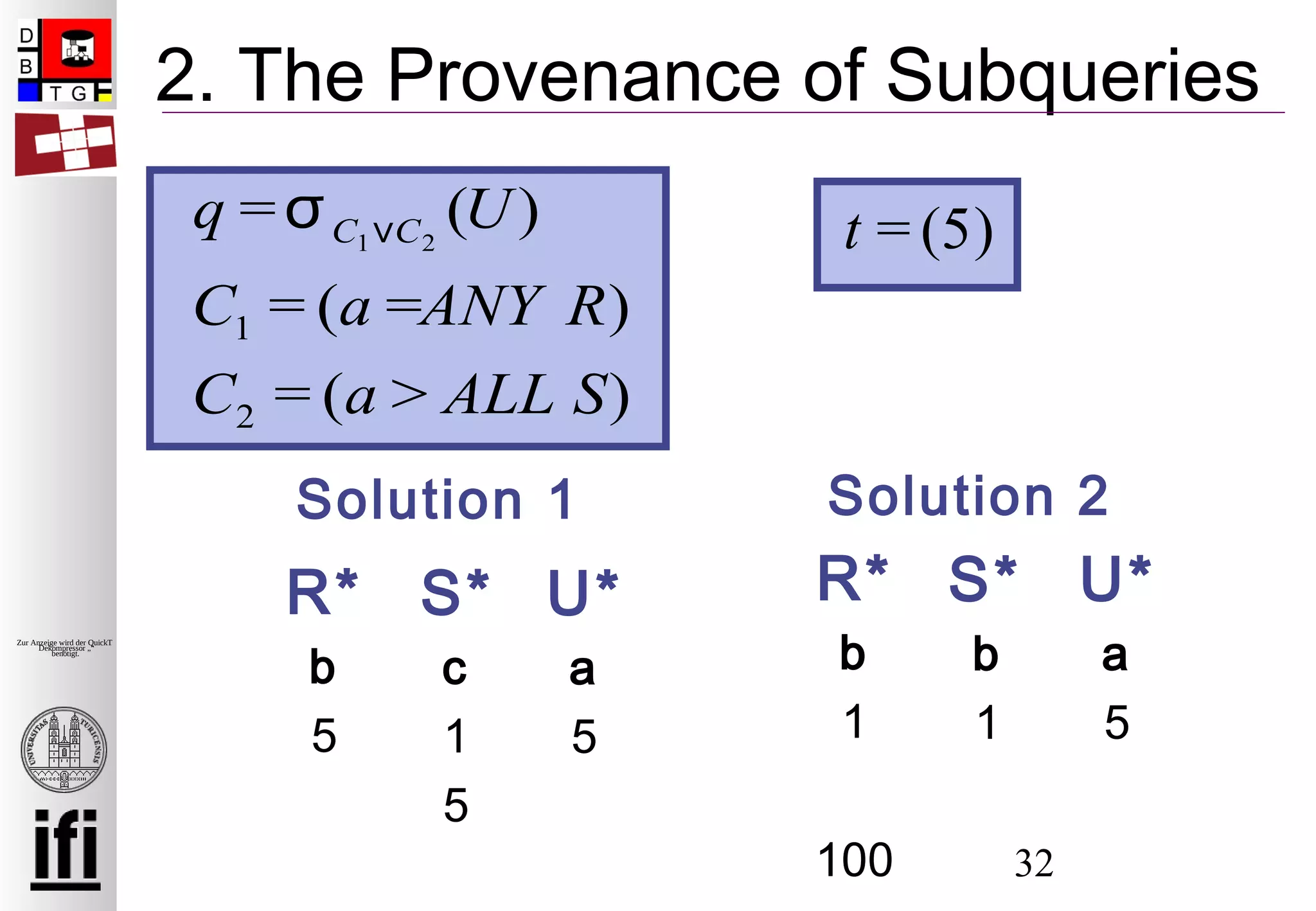 32
Zur Anzeige wird der QuickTime™
Dekompressor „“
benötigt.
2. The Provenance of Subqueries
b
5
c
1
5
S*R*
q =σC1∨C2
(U)
C1 = (a =ANY R)
C2 = (a > ALL S)
t = (5)
a
5
U*
b
1
100
R*
b
1
S*
a
5
U*
Solution 1 Solution 2
 