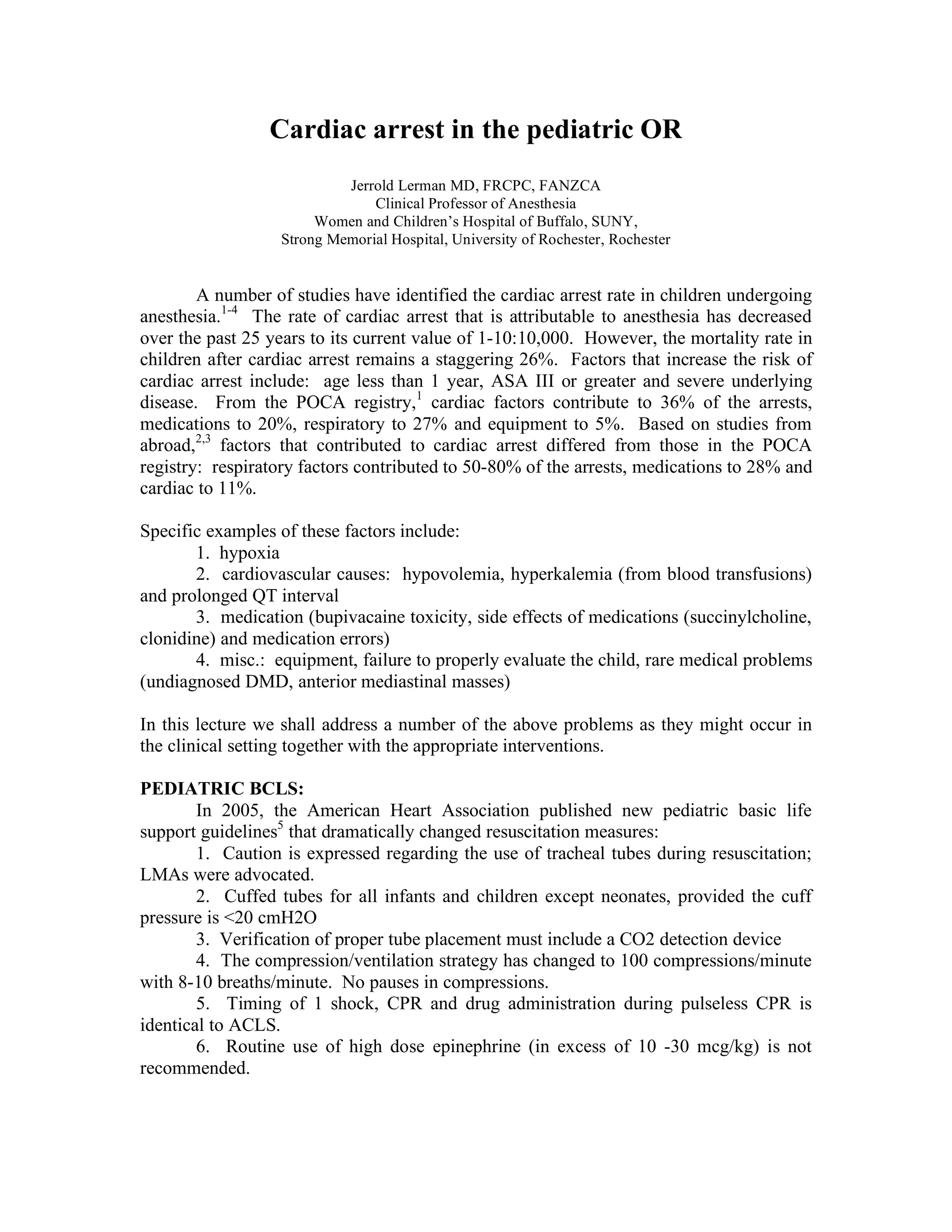 Cardiac Arrest in the Pediatric OR | PDF