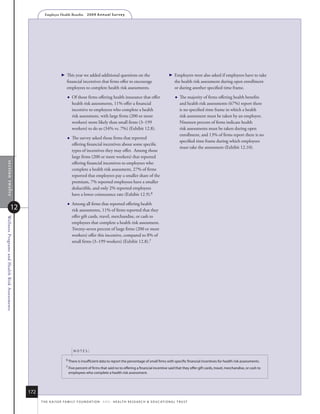 Employer Health Benefits          2 0 0 9 A n n u a l s u r ve y




                                                                        This year we added additional questions on the                                     Employers were also asked if employees have to take
                                                                          financial incentives that firms offer to encourage                                   the health risk assessment during open enrollment
                                                                          employees to complete health risk assessments.                                       or during another specified time frame.

                                                                             Of those firms offering health insurance that offer                                  The majority of firms offering health benefits
                                                                              health risk assessments, 11% offer a financial                                        and health risk assessments (67%) report there
                                                                              incentive to employees who complete a health                                          is no specified time frame in which a health
                                                                              risk assessment, with large firms (200 or more                                        risk assessment must be taken by an employee.
                                                                              workers) more likely than small firms (3–199                                          Nineteen percent of firms indicate health
                                                                              workers) to do so (34% vs. 7%) (Exhibit 12.8).                                        risk assessments must be taken during open
                                                                                                                                                                    enrollment, and 13% of firms report there is no
                                                                             The survey asked those firms that reported
                                                                                                                                                                    specified time frame during which employees
                                                                              offering financial incentives about some specific
                                                                                                                                                                    must take the assessment (Exhibit 12.10).
                                                                              types of incentives they may offer. Among those
                                                                              large firms (200 or more workers) that reported
                                                                              offering financial incentives to employees who
   section twelve




                                                                              complete a health risk assessment, 27% of firms
                                                                              reported that employees pay a smaller share of the
                                                                              premium, 7% reported employees have a smaller
                                                                              deductible, and only 2% reported employees
                                                                              have a lower coinsurance rate (Exhibit 12.9).6

                                                                             Among all firms that reported offering health
                             12                                               risk assessments, 11% of firms reported that they
                                                                              offer gift cards, travel, merchandise, or cash to
Wellness Programs and Health Risk Assessments




                                                                              employees that complete a health risk assessment.
                                                                              Twenty-seven percent of large firms (200 or more
                                                                              workers) offer this incentive, compared to 8% of
                                                                              small firms (3–199 workers) (Exhibit 12.8).7




                                                                               noTes:

                                                                         6 there is insufficient data to report the percentage of small firms with specific financial incentives for health risk assessments.

                                                                         7 five percent of firms that said no to offering a financial incentive said that they offer gift cards, travel, merchandise, or cash to
                                                                            employees who complete a health risk assessment.




                                                172
                                                      t h e k a i s e r fa m i ly f o u n d at i o n - a n d - h e a lt h r e s e a r C h  e d u C at i o n a l t r u s t
 