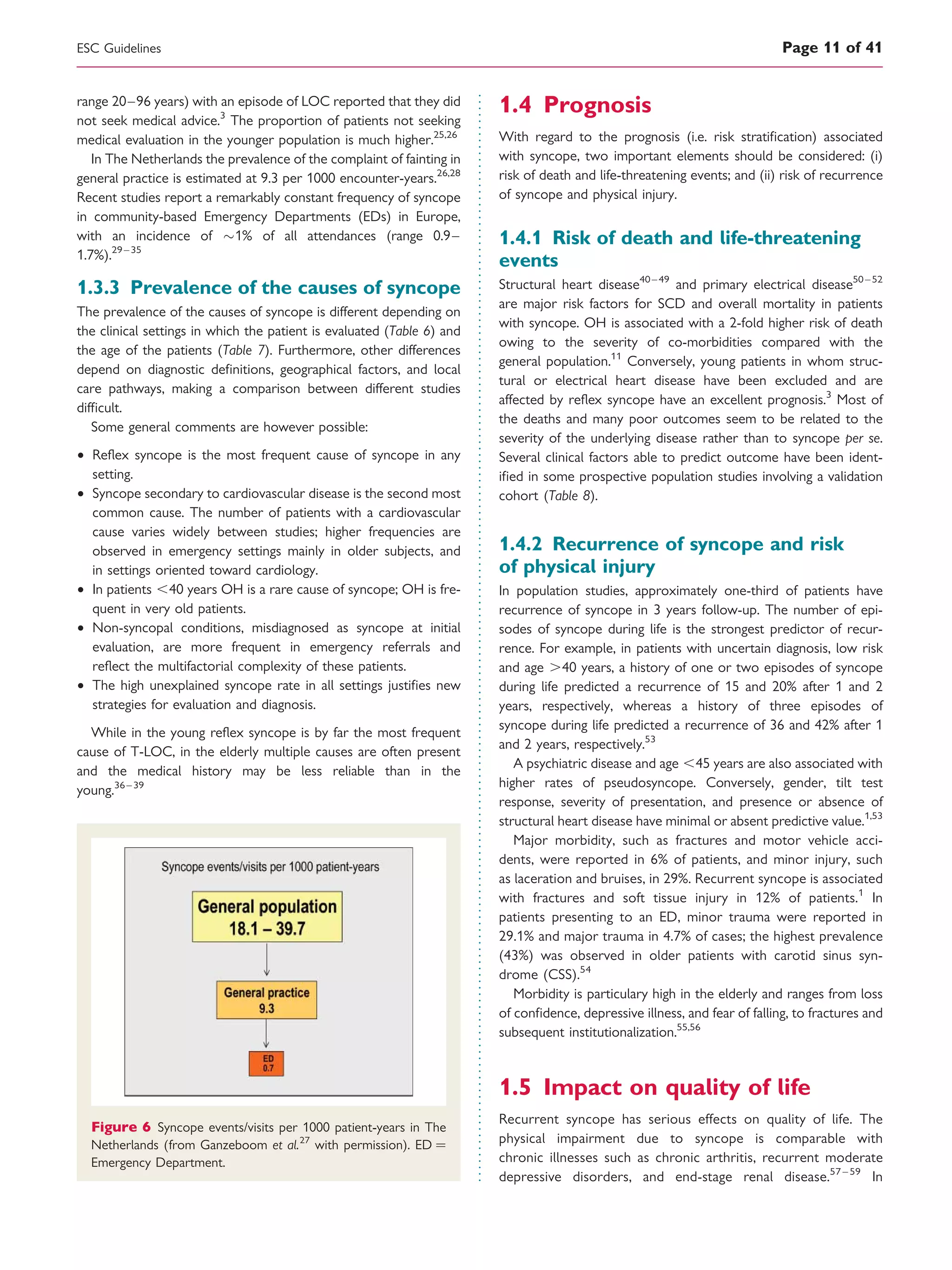 range 20–96 years) with an episode of LOC reported that they did
not seek medical advice.3
The proportion of patients not seeking
medical evaluation in the younger population is much higher.25,26
In The Netherlands the prevalence of the complaint of fainting in
general practice is estimated at 9.3 per 1000 encounter-years.26,28
Recent studies report a remarkably constant frequency of syncope
in community-based Emergency Departments (EDs) in Europe,
with an incidence of 1% of all attendances (range 0.9–
1.7%).29 –35
1.3.3 Prevalence of the causes of syncope
The prevalence of the causes of syncope is different depending on
the clinical settings in which the patient is evaluated (Table 6) and
the age of the patients (Table 7). Furthermore, other differences
depend on diagnostic deﬁnitions, geographical factors, and local
care pathways, making a comparison between different studies
difﬁcult.
Some general comments are however possible:
† Reﬂex syncope is the most frequent cause of syncope in any
setting.
† Syncope secondary to cardiovascular disease is the second most
common cause. The number of patients with a cardiovascular
cause varies widely between studies; higher frequencies are
observed in emergency settings mainly in older subjects, and
in settings oriented toward cardiology.
† In patients ,40 years OH is a rare cause of syncope; OH is fre-
quent in very old patients.
† Non-syncopal conditions, misdiagnosed as syncope at initial
evaluation, are more frequent in emergency referrals and
reﬂect the multifactorial complexity of these patients.
† The high unexplained syncope rate in all settings justiﬁes new
strategies for evaluation and diagnosis.
While in the young reﬂex syncope is by far the most frequent
cause of T-LOC, in the elderly multiple causes are often present
and the medical history may be less reliable than in the
young.36 –39
1.4 Prognosis
With regard to the prognosis (i.e. risk stratiﬁcation) associated
with syncope, two important elements should be considered: (i)
risk of death and life-threatening events; and (ii) risk of recurrence
of syncope and physical injury.
1.4.1 Risk of death and life-threatening
events
Structural heart disease40 – 49
and primary electrical disease50 –52
are major risk factors for SCD and overall mortality in patients
with syncope. OH is associated with a 2-fold higher risk of death
owing to the severity of co-morbidities compared with the
general population.11
Conversely, young patients in whom struc-
tural or electrical heart disease have been excluded and are
affected by reﬂex syncope have an excellent prognosis.3
Most of
the deaths and many poor outcomes seem to be related to the
severity of the underlying disease rather than to syncope per se.
Several clinical factors able to predict outcome have been ident-
iﬁed in some prospective population studies involving a validation
cohort (Table 8).
1.4.2 Recurrence of syncope and risk
of physical injury
In population studies, approximately one-third of patients have
recurrence of syncope in 3 years follow-up. The number of epi-
sodes of syncope during life is the strongest predictor of recur-
rence. For example, in patients with uncertain diagnosis, low risk
and age .40 years, a history of one or two episodes of syncope
during life predicted a recurrence of 15 and 20% after 1 and 2
years, respectively, whereas a history of three episodes of
syncope during life predicted a recurrence of 36 and 42% after 1
and 2 years, respectively.53
A psychiatric disease and age ,45 years are also associated with
higher rates of pseudosyncope. Conversely, gender, tilt test
response, severity of presentation, and presence or absence of
structural heart disease have minimal or absent predictive value.1,53
Major morbidity, such as fractures and motor vehicle acci-
dents, were reported in 6% of patients, and minor injury, such
as laceration and bruises, in 29%. Recurrent syncope is associated
with fractures and soft tissue injury in 12% of patients.1
In
patients presenting to an ED, minor trauma were reported in
29.1% and major trauma in 4.7% of cases; the highest prevalence
(43%) was observed in older patients with carotid sinus syn-
drome (CSS).54
Morbidity is particulary high in the elderly and ranges from loss
of conﬁdence, depressive illness, and fear of falling, to fractures and
subsequent institutionalization.55,56
1.5 Impact on quality of life
Recurrent syncope has serious effects on quality of life. The
physical impairment due to syncope is comparable with
chronic illnesses such as chronic arthritis, recurrent moderate
depressive disorders, and end-stage renal disease.57 – 59
In
Figure 6 Syncope events/visits per 1000 patient-years in The
Netherlands (from Ganzeboom et al.27
with permission). ED ¼
Emergency Department.
ESC Guidelines Page 11 of 41
 