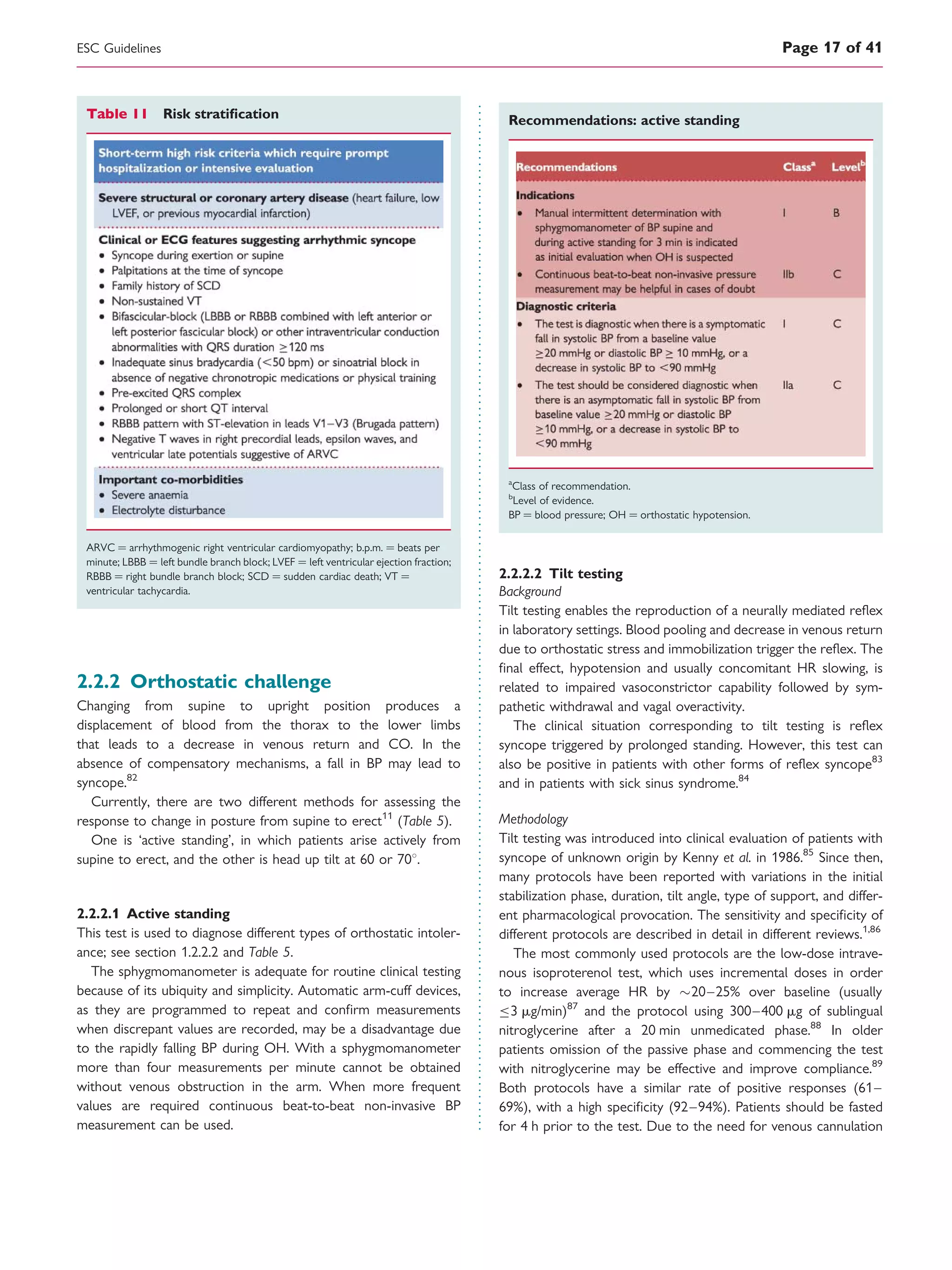 2.2.2 Orthostatic challenge
Changing from supine to upright position produces a
displacement of blood from the thorax to the lower limbs
that leads to a decrease in venous return and CO. In the
absence of compensatory mechanisms, a fall in BP may lead to
syncope.82
Currently, there are two different methods for assessing the
response to change in posture from supine to erect11
(Table 5).
One is ‘active standing’, in which patients arise actively from
supine to erect, and the other is head up tilt at 60 or 708.
2.2.2.1 Active standing
This test is used to diagnose different types of orthostatic intoler-
ance; see section 1.2.2.2 and Table 5.
The sphygmomanometer is adequate for routine clinical testing
because of its ubiquity and simplicity. Automatic arm-cuff devices,
as they are programmed to repeat and conﬁrm measurements
when discrepant values are recorded, may be a disadvantage due
to the rapidly falling BP during OH. With a sphygmomanometer
more than four measurements per minute cannot be obtained
without venous obstruction in the arm. When more frequent
values are required continuous beat-to-beat non-invasive BP
measurement can be used.
Recommendations: active standing
a
Class of recommendation.
b
Level of evidence.
BP ¼ blood pressure; OH ¼ orthostatic hypotension.
2.2.2.2 Tilt testing
Background
Tilt testing enables the reproduction of a neurally mediated reﬂex
in laboratory settings. Blood pooling and decrease in venous return
due to orthostatic stress and immobilization trigger the reﬂex. The
ﬁnal effect, hypotension and usually concomitant HR slowing, is
related to impaired vasoconstrictor capability followed by sym-
pathetic withdrawal and vagal overactivity.
The clinical situation corresponding to tilt testing is reﬂex
syncope triggered by prolonged standing. However, this test can
also be positive in patients with other forms of reﬂex syncope83
and in patients with sick sinus syndrome.84
Methodology
Tilt testing was introduced into clinical evaluation of patients with
syncope of unknown origin by Kenny et al. in 1986.85
Since then,
many protocols have been reported with variations in the initial
stabilization phase, duration, tilt angle, type of support, and differ-
ent pharmacological provocation. The sensitivity and speciﬁcity of
different protocols are described in detail in different reviews.1,86
The most commonly used protocols are the low-dose intrave-
nous isoproterenol test, which uses incremental doses in order
to increase average HR by 20–25% over baseline (usually
3 mg/min)87
and the protocol using 300–400 mg of sublingual
nitroglycerine after a 20 min unmedicated phase.88
In older
patients omission of the passive phase and commencing the test
with nitroglycerine may be effective and improve compliance.89
Both protocols have a similar rate of positive responses (61–
69%), with a high speciﬁcity (92–94%). Patients should be fasted
for 4 h prior to the test. Due to the need for venous cannulation
Table 11 Risk stratiﬁcation
ARVC ¼ arrhythmogenic right ventricular cardiomyopathy; b.p.m. ¼ beats per
minute; LBBB ¼ left bundle branch block; LVEF ¼ left ventricular ejection fraction;
RBBB ¼ right bundle branch block; SCD ¼ sudden cardiac death; VT ¼
ventricular tachycardia.
ESC Guidelines Page 17 of 41
 