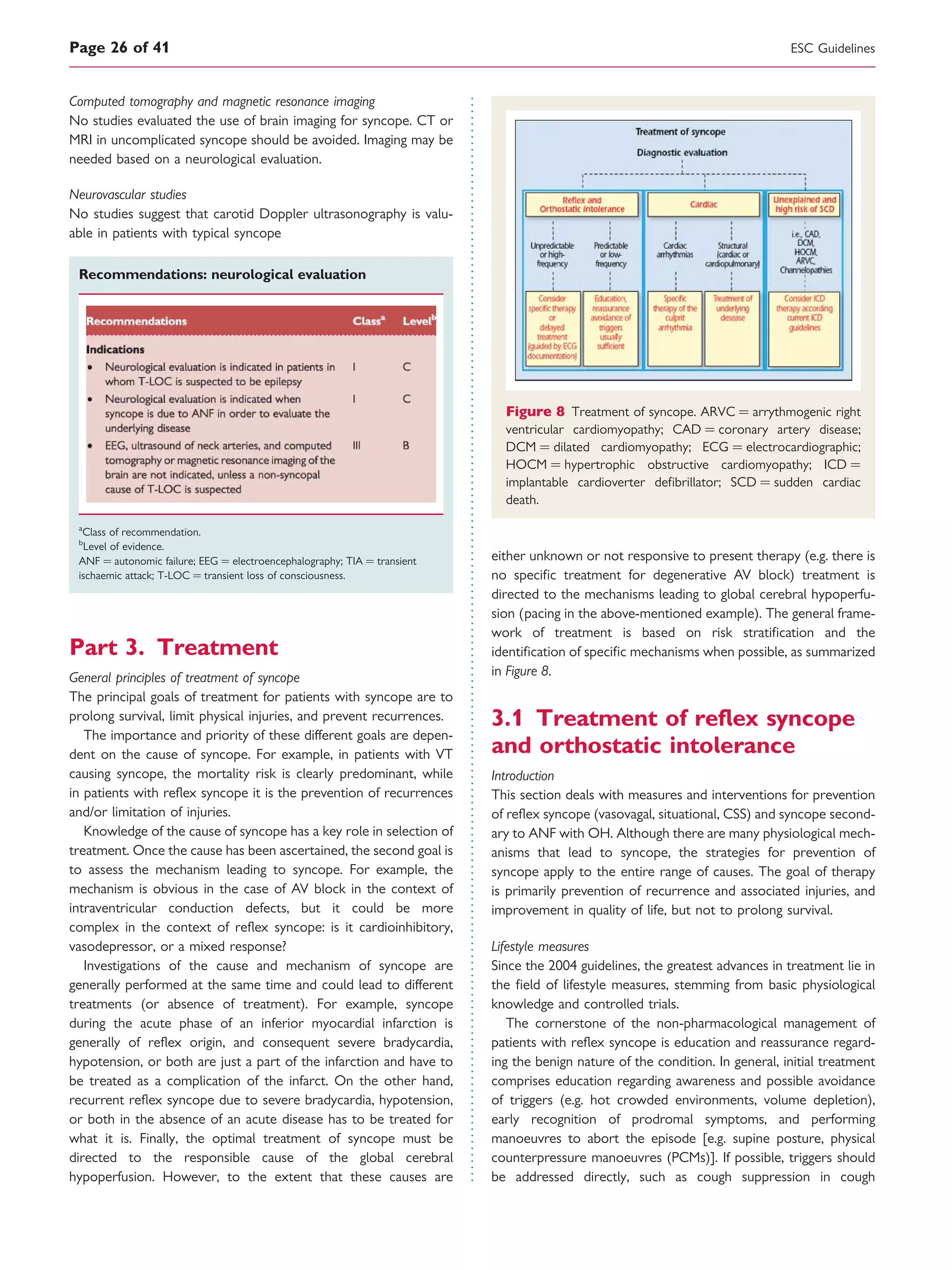 Computed tomography and magnetic resonance imaging
No studies evaluated the use of brain imaging for syncope. CT or
MRI in uncomplicated syncope should be avoided. Imaging may be
needed based on a neurological evaluation.
Neurovascular studies
No studies suggest that carotid Doppler ultrasonography is valu-
able in patients with typical syncope
Recommendations: neurological evaluation
a
Class of recommendation.
b
Level of evidence.
ANF ¼ autonomic failure; EEG ¼ electroencephalography; TIA ¼ transient
ischaemic attack; T-LOC ¼ transient loss of consciousness.
Part 3. Treatment
General principles of treatment of syncope
The principal goals of treatment for patients with syncope are to
prolong survival, limit physical injuries, and prevent recurrences.
The importance and priority of these different goals are depen-
dent on the cause of syncope. For example, in patients with VT
causing syncope, the mortality risk is clearly predominant, while
in patients with reﬂex syncope it is the prevention of recurrences
and/or limitation of injuries.
Knowledge of the cause of syncope has a key role in selection of
treatment. Once the cause has been ascertained, the second goal is
to assess the mechanism leading to syncope. For example, the
mechanism is obvious in the case of AV block in the context of
intraventricular conduction defects, but it could be more
complex in the context of reﬂex syncope: is it cardioinhibitory,
vasodepressor, or a mixed response?
Investigations of the cause and mechanism of syncope are
generally performed at the same time and could lead to different
treatments (or absence of treatment). For example, syncope
during the acute phase of an inferior myocardial infarction is
generally of reﬂex origin, and consequent severe bradycardia,
hypotension, or both are just a part of the infarction and have to
be treated as a complication of the infarct. On the other hand,
recurrent reﬂex syncope due to severe bradycardia, hypotension,
or both in the absence of an acute disease has to be treated for
what it is. Finally, the optimal treatment of syncope must be
directed to the responsible cause of the global cerebral
hypoperfusion. However, to the extent that these causes are
either unknown or not responsive to present therapy (e.g. there is
no speciﬁc treatment for degenerative AV block) treatment is
directed to the mechanisms leading to global cerebral hypoperfu-
sion (pacing in the above-mentioned example). The general frame-
work of treatment is based on risk stratiﬁcation and the
identiﬁcation of speciﬁc mechanisms when possible, as summarized
in Figure 8.
3.1 Treatment of reﬂex syncope
and orthostatic intolerance
Introduction
This section deals with measures and interventions for prevention
of reﬂex syncope (vasovagal, situational, CSS) and syncope second-
ary to ANF with OH. Although there are many physiological mech-
anisms that lead to syncope, the strategies for prevention of
syncope apply to the entire range of causes. The goal of therapy
is primarily prevention of recurrence and associated injuries, and
improvement in quality of life, but not to prolong survival.
Lifestyle measures
Since the 2004 guidelines, the greatest advances in treatment lie in
the ﬁeld of lifestyle measures, stemming from basic physiological
knowledge and controlled trials.
The cornerstone of the non-pharmacological management of
patients with reﬂex syncope is education and reassurance regard-
ing the benign nature of the condition. In general, initial treatment
comprises education regarding awareness and possible avoidance
of triggers (e.g. hot crowded environments, volume depletion),
early recognition of prodromal symptoms, and performing
manoeuvres to abort the episode [e.g. supine posture, physical
counterpressure manoeuvres (PCMs)]. If possible, triggers should
be addressed directly, such as cough suppression in cough
Figure 8 Treatment of syncope. ARVC ¼ arrythmogenic right
ventricular cardiomyopathy; CAD ¼ coronary artery disease;
DCM ¼ dilated cardiomyopathy; ECG ¼ electrocardiographic;
HOCM ¼ hypertrophic obstructive cardiomyopathy; ICD ¼
implantable cardioverter deﬁbrillator; SCD ¼ sudden cardiac
death.
ESC GuidelinesPage 26 of 41
 