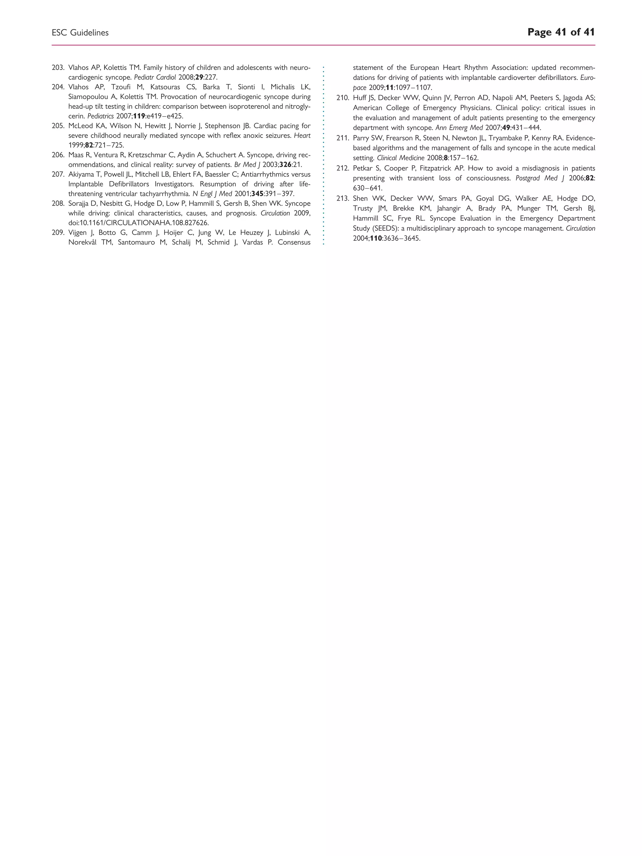 203. Vlahos AP, Kolettis TM. Family history of children and adolescents with neuro-
cardiogenic syncope. Pediatr Cardiol 2008;29:227.
204. Vlahos AP, Tzouﬁ M, Katsouras CS, Barka T, Sionti I, Michalis LK,
Siamopoulou A, Kolettis TM. Provocation of neurocardiogenic syncope during
head-up tilt testing in children: comparison between isoproterenol and nitrogly-
cerin. Pediatrics 2007;119:e419–e425.
205. McLeod KA, Wilson N, Hewitt J, Norrie J, Stephenson JB. Cardiac pacing for
severe childhood neurally mediated syncope with reﬂex anoxic seizures. Heart
1999;82:721–725.
206. Maas R, Ventura R, Kretzschmar C, Aydin A, Schuchert A. Syncope, driving rec-
ommendations, and clinical reality: survey of patients. Br Med J 2003;326:21.
207. Akiyama T, Powell JL, Mitchell LB, Ehlert FA, Baessler C; Antiarrhythmics versus
Implantable Deﬁbrillators Investigators. Resumption of driving after life-
threatening ventricular tachyarrhythmia. N Engl J Med 2001;345:391–397.
208. Sorajja D, Nesbitt G, Hodge D, Low P, Hammill S, Gersh B, Shen WK. Syncope
while driving: clinical characteristics, causes, and prognosis. Circulation 2009,
doi:10.1161/CIRCULATIONAHA.108.827626.
209. Vijgen J, Botto G, Camm J, Hoijer C, Jung W, Le Heuzey J, Lubinski A,
Norekva˚l TM, Santomauro M, Schalij M, Schmid J, Vardas P. Consensus
statement of the European Heart Rhythm Association: updated recommen-
dations for driving of patients with implantable cardioverter deﬁbrillators. Euro-
pace 2009;11:1097–1107.
210. Huff JS, Decker WW, Quinn JV, Perron AD, Napoli AM, Peeters S, Jagoda AS;
American College of Emergency Physicians. Clinical policy: critical issues in
the evaluation and management of adult patients presenting to the emergency
department with syncope. Ann Emerg Med 2007;49:431–444.
211. Parry SW, Frearson R, Steen N, Newton JL, Tryambake P, Kenny RA. Evidence-
based algorithms and the management of falls and syncope in the acute medical
setting. Clinical Medicine 2008;8:157–162.
212. Petkar S, Cooper P, Fitzpatrick AP. How to avoid a misdiagnosis in patients
presenting with transient loss of consciousness. Postgrad Med J 2006;82:
630–641.
213. Shen WK, Decker WW, Smars PA, Goyal DG, Walker AE, Hodge DO,
Trusty JM, Brekke KM, Jahangir A, Brady PA, Munger TM, Gersh BJ,
Hammill SC, Frye RL. Syncope Evaluation in the Emergency Department
Study (SEEDS): a multidisciplinary approach to syncope management. Circulation
2004;110:3636–3645.
ESC Guidelines Page 41 of 41
 