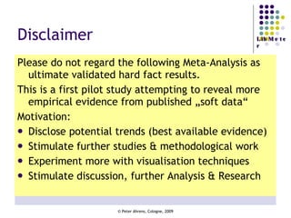 Disclaimer Please do not regard the following Meta-Analysis as ultimate validated hard fact results. This is a first pilot study attempting to reveal more empirical evidence from published „soft data“  Motivation:  Disclose potential trends (best available evidence) Stimulate further studies & methodological work Experiment more with visualisation techniques Stimulate discussion, further Analysis & Research  