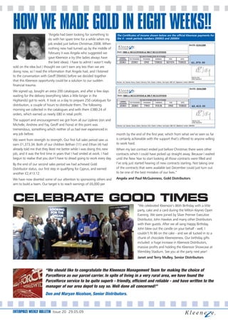 HOW WE MADE GOLD IN EIGHT WEEKS!!
                          “Angela had been looking for something to          The Certificates of Income shown below are the official Kleeneze payments for
                          do with her spare time for a while when my         the 4 - week periods numbers 200903 and 200904

                          job ended just before Christmas 2008. When
                          nothing new had turned up by the middle of
                          February it was Angela who suggested we
                          gave Kleeneze a try (the ladies always have
                          the best ideas). I have to admit I wasn’t really
sold on the idea but I thought we can’t earn any less than we are
doing now, so I read the information that Angela had, and I listened
to the conversation with Geoff [Webb] before we decided together
that this Kleeneze opportunity could be a solution to our sudden
financial trauma.
We signed up, bought an extra 200 catalogues, and after a few days
waiting for the delivery (everything takes a little longer in the
Highlands) got to work. It took us a day to prepare 250 catalogues for
distribution, a couple of hours to distribute them. The following
morning we collected in the catalogues and with them £380.24 of
orders, which earned us nearly £80 in retail profit.
The support and encouragement we got from all our Uplines (Jon and
Michelle, Andrew and Fay, Geoff and Fiona) at this point was
tremendous, something which neither of us had ever experienced in
any job before.                                                              month by the end of the first year, which from what we’ve seen so far
We went from strength to strength. Our first full sales period saw us        is certainly achievable with the support that’s offered to anyone willing
earn £1,373.34. Both of our children Bethan (11) and Ethan (4) had           to work hard.
already told me that they liked me better while I was doing this new         When my last contract ended just before Christmas there were other
job, and it was the first time in years that I had smiled at work. I had     contracts which I could have picked up straight away. Because I waited
begun to realise that you don’t have to dread going to work every day.       until the New Year to start looking all those contracts were filled and
By the end of our second sales period we had achieved Gold                   I’ve only just started hearing of new contracts starting. Not taking one
Distributor status, our first step in qualifying for Cyprus, and earned      of the contracts that were available last December could just turn out
another £2,413.12.                                                           to be one of the best mistakes of our lives.”

We have now diverted some of our attention to sponsoring others and          Angela and Paul McGuinness, Gold Distributors
aim to build a team. Our target is to reach earnings of £6,000 per



CELEBRATE GOOD TIMES                                                                         “We celebrated Kleeneze’s 86th Birthday with a little
                                                                                             party, cake and a card during the Milton Keynes Open
                                                                                             Evening. We were joined by Silver Premier Executive
                                                                                             Distributor, John Hawkes and many other Distributors
                                                                                             with their guests. After we all sang Happy Birthday,
                                                                                             John blew out the candle on your behalf - well, I
                                                                                             couldn’t fit 86 on the cake - and we all tucked in to a
                                                                                             chunk of chocolate Kleenezeness. Our birthday gifts
                                                                                             included: a huge increase in Kleeneze Distributors,
                                                                                             massive profits and holding the Kleeneze Showcase at
                                                                                             Wembley Stadium. See you at the party next year!
                                                                                             Janet and Terry Mulley, Senior Distributors


                        “We should like to congratulate the Kleeneze Management Team for making the choice of
                        Parcelforce as our parcel carrier. In spite of living in a very rural area, we have found the
                        Parcelforce service to be quite superb - friendly, efficient and reliable - and have written to the
                        manager of our area depot to say so. Well done all concerned!”
                        Don and Maryan Nicolson, Senior Distributors.



ENTERPRIZE WEEKLY BULLETIN Issue 20 29.05.09
 