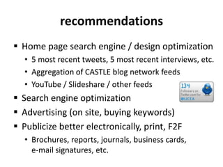 recommendationsHome page search engine / design optimization5 most recent tweets, 5 most recent interviews, etc.Aggregation of CASTLE blog network feedsYouTube / Slideshare / other feedsSearch engine optimizationAdvertising (on site, buying keywords)Publicize better electronically, print, F2FBrochures, reports, journals, business cards, e-mail signatures, etc.
