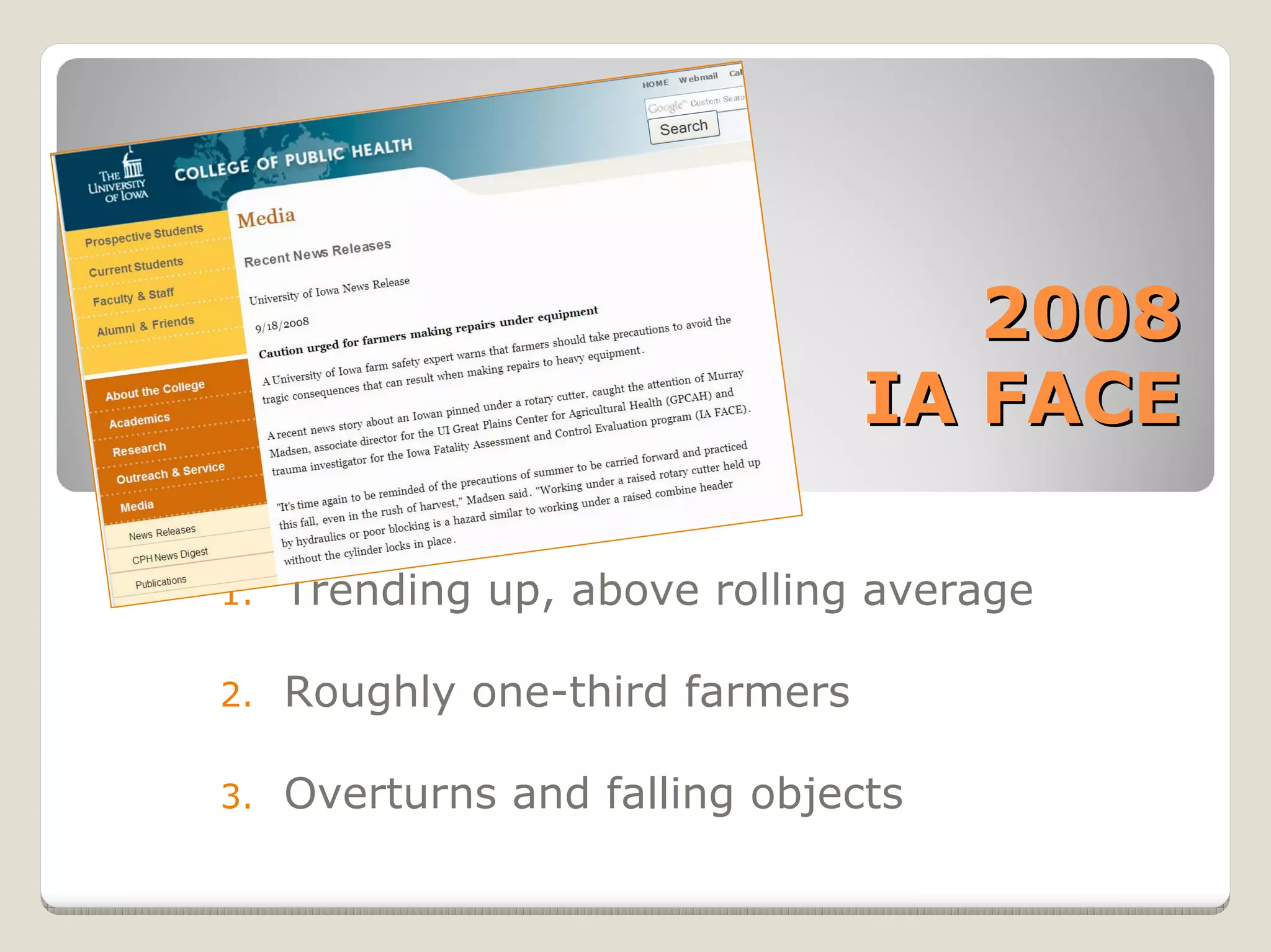 2008
                                 IA FACE

1.   Trending up, above rolling average

2.   Roughly one-third farmers

3.   Overturns and falling objects
 