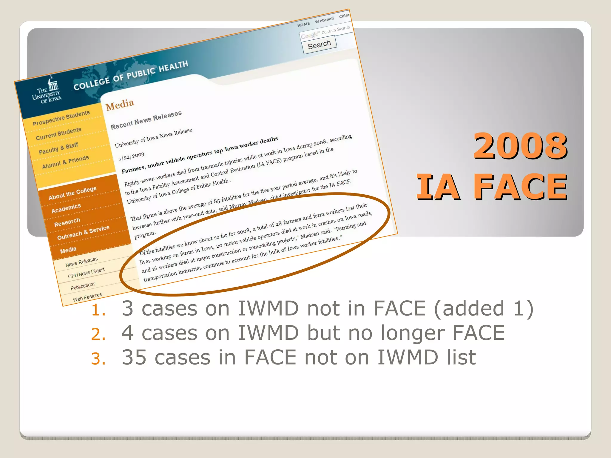 2008
                               IA FACE


1.   3 cases on IWMD not in FACE (added 1)
2.   4 cases on IWMD but no longer FACE
3.   35 cases in FACE not on IWMD list
 