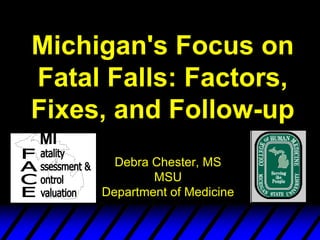 Michigan's Focus on
Fatal Falls: Factors,
Fixes, and Follow-up
       Debra Chester, MS
             MSU
     Department of Medicine
 