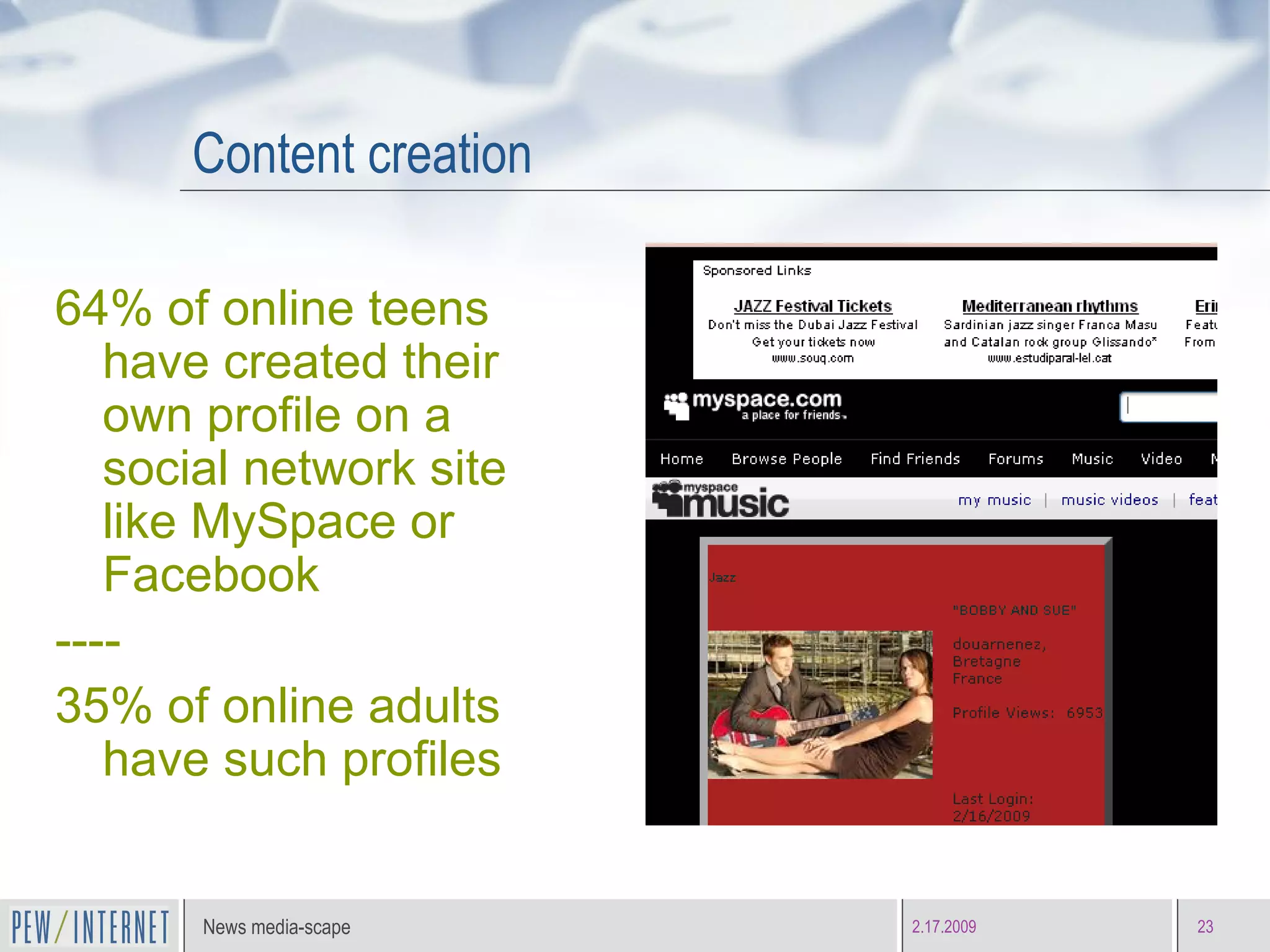 64% of online teens have created their own profile on a social network site like MySpace or Facebook ---- 35% of online adults have such profiles Content creation 