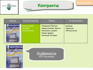 Еженедельные Контракты Особенности VIP  Рассылка Издание Позиционирование Рубрики Распространение Влиятельный деловой еженедельник Панорама/Прогноз Сфера влияния, Деньги Компании и рынки Секрет фирмы Автоклуб, Истории розница подписка  VIP-рассылка 