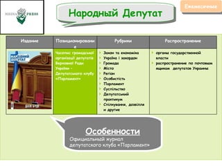 Особенности Официальный журнал депутатского клуба «Парламент» Народный Депутат Ежемесячные Издание Позиционирование Рубрики Распространение Народный депутат Часопис громадської організації депутатів Верховної Ради України – Депутатського клубу «Парламент» Закон та економіка Україна і закордон Громада  Місто Регіон Особистість  Парламент Суспільство  Депутатський практикум Спілкування, дозвілля и другие органы государственной власти распространение по почтовым ящикам  депутатов Украины 