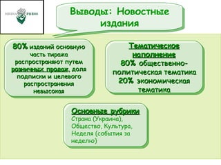 Тематическое наполнение 80%  общественно-политическая тематика 20%  экономическая тематика Основные рубрики Страна (Украина), Общество, Культура, Неделя (события за   неделю) 80%  изданий основную часть тиража распространяют путем  розничных продаж , доля подписки и целевого распространения невысокая Выводы: Новостные издания 