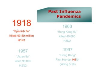 Past Influenza
                          Pandemics

  1918                        1968
   “Spanish flu”          “Hong Kong flu”
Killed 40-50 million        killed 46.000
      H1N1                     H3N2


       1957                    1997
     “Asian flu”            “Hong Kong”

    killed 98.000         First Human H5N1

        H2N2                (killing 6/18)
 