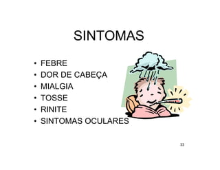 SINTOMAS
•   FEBRE
•   DOR DE CABEÇA
•   MIALGIA
•   TOSSE
•   RINITE
•   SINTOMAS OCULARES

                        33
 