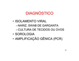 DIAGNÓSTICO
• ISOLAMENTO VIRAL
 – NARIZ, SWAB DE GARGANTA
 – CULTURA DE TECIDOS OU OVOS
• SOROLOGIA
• AMPLIFICAÇÃO GÊNICA (PCR)


                                40
 
