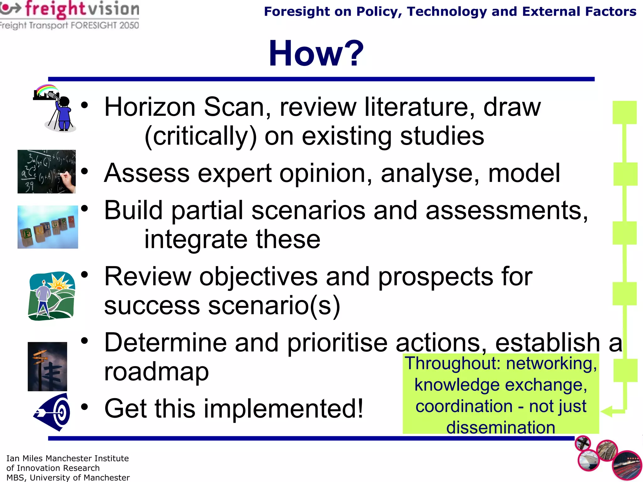 How? Horizon Scan, review literature, draw  (critically) on existing studies  Assess expert opinion, analyse, model  Build partial scenarios and assessments,  integrate these Review objectives and prospects for success scenario(s) Determine and prioritise actions, establish a roadmap Get this implemented! Throughout: networking, knowledge exchange, coordination - not just dissemination 