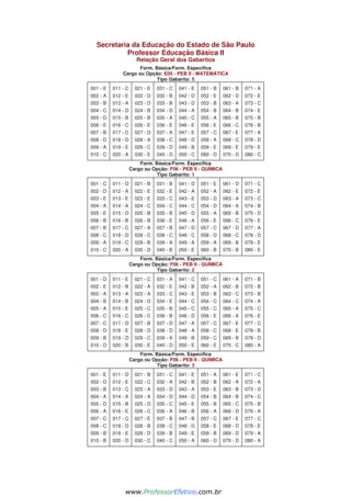 Secretaria da Educação do Estado de São Paulo
Professor Educação Básica II
Relação Geral dos Gabaritos
Form. Básica/Form. Específica
Cargo ou Opção: E05 - PEB II - MATEMÁTICA
Tipo Gabarito: 5
001 - E
002 - A
003 - B
004 - C
005 - D
006 - E
007 - B
008 - D
009 - A
010 - C
011 - C
012 - E
013 - A
014 - D
015 - B
016 - C
017 - C
018 - D
019 - E
020 - A
021 - E
022 - D
023 - D
024 - B
025 - B
026 - E
027 - D
028 - A
029 - C
030 - E
031 - C
032 - B
033 - B
034 - D
035 - A
036 - E
037 - A
038 - C
039 - D
040 - D
041 - E
042 - D
043 - D
044 - A
045 - C
046 - E
047 - E
048 - D
049 - B
050 - C
051 - B
052 - E
053 - B
054 - B
055 - A
056 - E
057 - C
058 - A
059 - E
060 - D
061 - B
062 - D
063 - A
064 - B
065 - B
066 - C
067 - E
068 - C
069 - E
070 - D
071 - A
072 - E
073 - C
074 - E
075 - B
076 - B
077 - A
078 - D
079 - E
080 - C
Form. Básica/Form. Específica
Cargo ou Opção: F06 - PEB II - QUÍMICA
Tipo Gabarito: 1
001 - C
002 - D
003 - E
004 - A
005 - E
006 - B
007 - B
008 - C
009 - A
010 - C
011 - D
012 - A
013 - E
014 - A
015 - D
016 - B
017 - C
018 - D
019 - C
020 - A
021 - B
022 - E
023 - E
024 - C
025 - B
026 - B
027 - A
028 - C
029 - B
030 - D
031 - B
032 - E
033 - C
034 - C
035 - B
036 - E
037 - B
038 - C
039 - A
040 - B
041 - D
042 - A
043 - E
044 - C
045 - D
046 - A
047 - D
048 - C
049 - A
050 - E
051 - E
052 - A
053 - D
054 - D
055 - A
056 - E
057 - C
058 - D
059 - A
060 - B
061 - D
062 - E
063 - A
064 - A
065 - B
066 - C
067 - D
068 - C
069 - B
070 - B
071 - C
072 - E
073 - C
074 - B
075 - D
076 - E
077 - A
078 - D
079 - E
080 - E
Form. Básica/Form. Específica
Cargo ou Opção: F06 - PEB II - QUÍMICA
Tipo Gabarito: 2
001 - D
002 - E
003 - A
004 - B
005 - A
006 - C
007 - C
008 - D
009 - B
010 - D
011 - E
012 - B
013 - A
014 - B
015 - E
016 - C
017 - D
018 - E
019 - D
020 - B
021 - C
022 - A
023 - A
024 - D
025 - C
026 - C
027 - B
028 - D
029 - C
030 - E
031 - A
032 - E
033 - C
034 - E
035 - B
036 - B
037 - D
038 - D
039 - A
040 - D
041 - C
042 - B
043 - E
044 - C
045 - C
046 - D
047 - A
048 - A
049 - B
050 - E
051 - C
052 - A
053 - B
054 - C
055 - C
056 - E
057 - C
058 - C
059 - C
060 - E
061 - A
062 - B
063 - C
064 - C
065 - A
066 - A
067 - E
068 - E
069 - B
070 - C
071 - B
072 - B
073 - B
074 - A
075 - C
076 - E
077 - C
078 - B
079 - D
080 - A
Form. Básica/Form. Específica
Cargo ou Opção: F06 - PEB II - QUÍMICA
Tipo Gabarito: 3
001 - E
002 - D
003 - B
004 - A
005 - D
006 - A
007 - C
008 - C
009 - B
010 - B
011 - D
012 - E
013 - C
014 - A
015 - B
016 - E
017 - C
018 - D
019 - E
020 - D
021 - B
022 - C
023 - A
024 - A
025 - D
026 - C
027 - E
028 - B
029 - D
030 - C
031 - C
032 - A
033 - D
034 - D
035 - C
036 - A
037 - B
038 - C
039 - B
040 - C
041 - E
042 - B
043 - A
044 - D
045 - E
046 - B
047 - B
048 - D
049 - E
050 - A
051 - A
052 - B
053 - E
054 - B
055 - B
056 - A
057 - C
058 - E
059 - B
060 - D
061 - E
062 - A
063 - B
064 - B
065 - C
066 - D
067 - E
068 - D
069 - D
070 - D
071 - C
072 - A
073 - D
074 - C
075 - B
076 - A
077 - C
078 - E
079 - A
080 - A
www.pciconcursos.com.br
www.ProfessorEfetivo.com.br
 