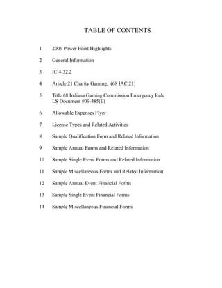 TABLE OF CONTENTS

1    2009 Power Point Highlights

2    General Information

3    IC 4-32.2

4    Article 21 Charity Gaming, (68 IAC 21)

5    Title 68 Indiana Gaming Commission Emergency Rule
     LS Document #09-485(E)

6    Allowable Expenses Flyer

7    License Types and Related Activities

8    Sample Qualification Form and Related Information

9    Sample Annual Forms and Related Information

10   Sample Single Event Forms and Related Information

11   Sample Miscellaneous Forms and Related Information

12   Sample Annual Event Financial Forms

13   Sample Single Event Financial Forms

14   Sample Miscellaneous Financial Forms
 