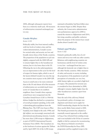 T H E T E N M o S T AT P E A C E




2004, although subsequent exports have                  stationed at Kandahar had been killed, since
been on a relatively small scale. All measures          the mission began in 2002. Despite these
of militarization remained unchanged year               setbacks, the Conservative administration
on year.                                                won parliamentary approval in 2008 to
                                                        extend the mission in Afghanistan until 2011,
                                                        but rising casualties and public confusion
Canada: 8th place
                                                        about the purpose of the mission have raised
Score: 1.311
                                                        doubts about Canada’s role.
Politically stable, free from internal conflict,
with low levels of violent crime and few
violent demonstrations, Canada’s scores                 Finland: equal 9th place
for societal safety and security are low and            Score: 1.322

broadly mirror those of the Nordic countries.           Finland is politically stable, free of civil
The proportion of the population in jail rose           unrest and not at war with any other country.
slightly compared with the 2008 GPI and                 Relations with neighbouring countries are
it remains higher than in the Scandinavian              harmonious and the level of violent crime
nations, but it is far lower than in the US.            is very low – unchanged from last year –
offsetting the rise in the jailed population            although the homicide rate is higher than in
was an improvement in the score for the level           the other Nordic countries. other measures
of respect for human rights, which is one of            of safety and security in society including
the factors behind Canada’s rise into the top           the proportion of the population in jail and
ten countries most at peace in the 2009 GPI.            perceptions of criminality are very low,

Access to small arms is far more restricted             while human rights are accorded a high level

than in the US and almost all of the measures           of respect. The potential for terrorist acts

of militarization are accorded much lower               is considered to have diminished in 2008,

scores in Canada than in its southern                   although it remains slightly higher than the

neighbour. Since Canada’s three separate                other Scandinavian countries apart from

armed forces were reorganized into the                  Denmark.

Canadian Armed Forces (CAF) in 1964 the                 Since the end of the cold war, Finland
defence budget has declined as a proportion             has professed a policy of strategic non-
of overall government spending, in line with            alignment and chosen not to apply for
a diminishing perceived threat from the                 NATo membership, despite the fact that the
Warsaw Pact. The CAF’s two bases in West                three nearby Baltic States joined in 2004.
Germany were closed in the early 1990s and              The Finnish government has adopted an
the military was increasingly associated with           essentially neutral approach to the conflict
international peacekeeping missions. Canada             in Iraq; it has refrained from sending troops
has more than 2,500 troops in Afghanistan,              and is not included in the US list of countries
as part of NATo’s International Security                eligible to bid for contracts for reconstructing
Assistance Force (ISAF). The Canadians are              Iraq. However, Finland is involved in
at the forefront of actions against the Taliban         the NATo Partnership for Peace (PfP)
and by April 2009 116 of the 2,500 troops               programme and has supplied troops to the

                                                   Page 22
 