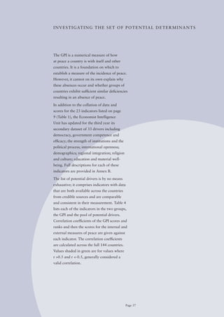 I N V E S T I G AT I N G T H E S E T o F P o T E N T I A L D E T E R M I N A N T S




The GPI is a numerical measure of how
at peace a country is with itself and other
countries. It is a foundation on which to
establish a measure of the incidence of peace.
However, it cannot on its own explain why
these absences occur and whether groups of
countries exhibit sufficient similar deficiencies
resulting in an absence of peace.

In addition to the collation of data and
scores for the 23 indicators listed on page
9 (Table 1), the Economist Intelligence
Unit has updated for the third year its
secondary dataset of 33 drivers including
democracy, government competence and
efficacy; the strength of institutions and the
political process; international openness;
demographics; regional integration; religion
and culture; education and material well-
being. Full descriptions for each of these
indicators are provided in Annex B.

The list of potential drivers is by no means
exhaustive; it comprises indicators with data
that are both available across the countries
from credible sources and are comparable
and consistent in their measurement. Table 4
lists each of the indicators in the two groups,
the GPI and the pool of potential drivers.
Correlation coefficients of the GPI scores and
ranks and then the scores for the internal and
external measures of peace are given against
each indicator. The correlation coefficients
are calculated across the full 144 countries.
Values shaded in green are for values where
r >0.5 and r <-0.5, generally considered a
valid correlation.




                                                 Page 37
 