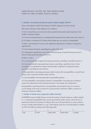 A D D I T I o N A L N o T E S o N T H E I N D I C AT o R S
USED IN THE GLoBAL PEACE INDEX




1. Number of external and internal armed conflicts fought: 2003-07
Source: the Uppsala Conflict Data Program (UCDP), Uppsala University, Sweden

The separate elements of the definition are as follows:

(1) Use of armed force: use of arms in order to promote the parties’ general position in the
conflict, resulting in deaths.

(1.1) Arms: any material means, e.g. manufactured weapons but also sticks, stones, fire, water, etc.

(2) 25 deaths: a minimum of 25 battle-related deaths per year and per incompatibility.

(3) Party: a government of a state or any opposition organization or alliance of opposition
organizations.

(3.1) Government: the party controlling the capital of the state.

(3.2) opposition organization: any non-governmental group of people having announced a
name for their group and using armed force.

(4) State: a state is

(4.1) an internationally recognized sovereign government controlling a specified territory, or

(4.2) an internationally unrecognized government controlling a specified territory whose
sovereignty is not disputed by another internationally recognized sovereign government
previously controlling the same territory.

(5)	Incompatibility	concerning	government	and/or	territory	the	incompatibility,	as	stated	by	the	
parties,	must	concern	government	and/or	territory.

(5.1) Incompatibility: the stated generally incompatible positions.

(5.2) Incompatibility concerning government: incompatibility concerning type of political
system, the replacement of the central government or the change of its composition.

Incompatibility concerning territory: incompatibility concerning the status of a territory,
e.g. the change of the state in control of a certain territory (interstate conflict), secession or
autonomy (intrastate conflict).

3. Number of deaths from organized conflict (internal)
UCDP/PRIO	Armed	Conflict	Dataset	records	the	number	of	battle	deaths	per	conflict,	defined	
as:	“a	contested	incompatibility	that	concerns	government	and/or	territory	where	the	use	of	
armed force between two parties, of which at least one is the government of a state, results in
at least 25 battle-related deaths in a year”. EIU analysts, then, have scored the figures available
for 2007 and 2008 according to the following bands.

 1                      2                 3                   4                    5
 0-24                   25-999            1,000-4,999         5,000-9,999          > 10,000




                                                Page 55
 