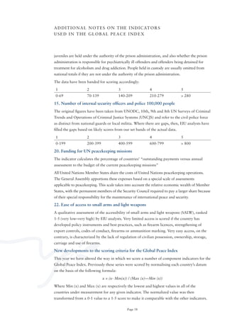 A D D I T I o N A L N o T E S o N T H E I N D I C AT o R S
USED IN THE GLoBAL PEACE INDEX




juveniles are held under the authority of the prison administration, and also whether the prison
administration is responsible for psychiatrically ill offenders and offenders being detained for
treatment for alcoholism and drug addiction. People held in custody are usually omitted from
national totals if they are not under the authority of the prison administration.

The data have been banded for scoring accordingly:

 1                   2                    3                   4                     5
 0-69                70-139               140-209             210-279               > 280

15. Number of internal security officers and police 100,000 people
The original figures have been taken from UNoDC, 10th, 9th and 8th UN Surveys of Criminal
Trends and operations of Criminal Justice Systems (UNCJS) and refer to the civil police force
as distinct from national guards or local militia. Where there are gaps, then, EIU analysts have
filled the gaps based on likely scores from our set bands of the actual data.

 1                   2                    3                   4                     5
 0-199               200-399              400-599             600-799               > 800

20. Funding for UN peacekeeping missions
The indicator calculates the percentage of countries’ “outstanding payments versus annual
assessment to the budget of the current peacekeeping missions”

All United Nations Member States share the costs of United Nations peacekeeping operations.
The General Assembly apportions these expenses based on a special scale of assessments
applicable to peacekeeping. This scale takes into account the relative economic wealth of Member
States, with the permanent members of the Security Council required to pay a larger share because
of their special responsibility for the maintenance of international peace and security.

22. Ease of access to small arms and light weapons
A qualitative assessment of the accessibility of small arms and light weapons (SALW), ranked
1-5 (very low–very high) by EIU analysts. Very limited access is scored if the country has
developed policy instruments and best practices, such as firearm licences, strengthening of
export controls, codes of conduct, firearms or ammunition marking. Very easy access, on the
contrary, is characterized by the lack of regulation of civilian possession, ownership, storage,
carriage and use of firearms.

New developments to the scoring criteria for the Global Peace Index
This year we have altered the way in which we score a number of component indicators for the
Global Peace Index. Previously these series were scored by normalising each country’s datum
on the basis of the following formula:

                                x = (x- Min(x)) / (Max (x)—Min (x))

Where Min (x) and Max (x) are respectively the lowest and highest values in all of the
countries under measurement for any given indicator. The normalized value was then
transformed from a 0-1 value to a 1-5 score to make it comparable with the other indicators.

                                               Page 58
 