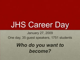 JHS Career Day January 27, 2009 One day, 35 guest speakers, 1751 students Who do you want to become? 