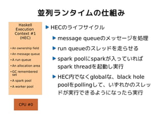 並列ランタイムの仕組み
       Haskell
     Execution           HECのライフサイクル
     Context #1
       (HEC)              message queueのメッセージを処理
●   An ownership field    run queueのスレッドを走らせる
●   An message queue
●   A run queue           spark poolにsparkが入っていれば
●   An allocation area
                          spark threadを起動し実行
●   GC remembered
    set
                          HEC内でなくglobalな、black hole
●   A spark pool
●   A worker pool         poolをpollingして、いずれかのスレッ
                          ドが実行できるようになったら実行

        CPU #0
 