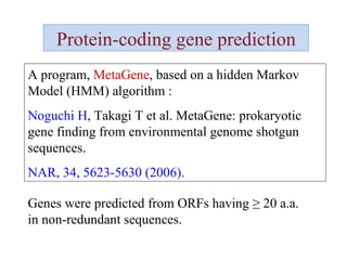 Protein-coding gene prediction A program,  MetaGene , based on a hidden Markov Model (HMM) algorithm :  Noguchi H , Takagi T et al. MetaGene: prokaryotic gene finding from environmental genome shotgun sequences.  NAR, 34, 5623-5630 (2006). Genes were predicted from ORFs having ≥ 20 a.a. in non-redundant sequences. 