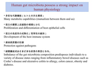 * 多彩な代謝機能（ヒトとの共生関係 ) Many metabolic capabilities (mutualism between them and us) * 宿主の腸管上皮細胞の増殖と分化 Proliferation and differentiation of host epithelial cells  * 宿主の免疫系の成熟化（恒常性の維持） Development of the host immune system * 感染病原菌の防御 Protection against pathogens  * 細菌叢組成はさまざまな疾患の素因となる。 Imbalance of the gut microbiota composition predisposes individuals to a variety of disease states ranging from inflammatory bowel diseases such as Crohn’s disease and ulcerative colitis to allergy, colon cancer, obesity and diabetes.  Human gut microbiota possess a strong impact on human physiology 