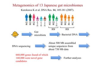 Metagenomics of 13 Japanese gut microbiomes Gut microbiota Bacterial DNA DNA sequencing About 500 Mb assembled unique sequences from about 730 Mb data 660,000 genes found of which 160,000 were novel gene candidates Further analyses Kurokawa K et al. DNA Res.  14 , 169-181  (2007).   