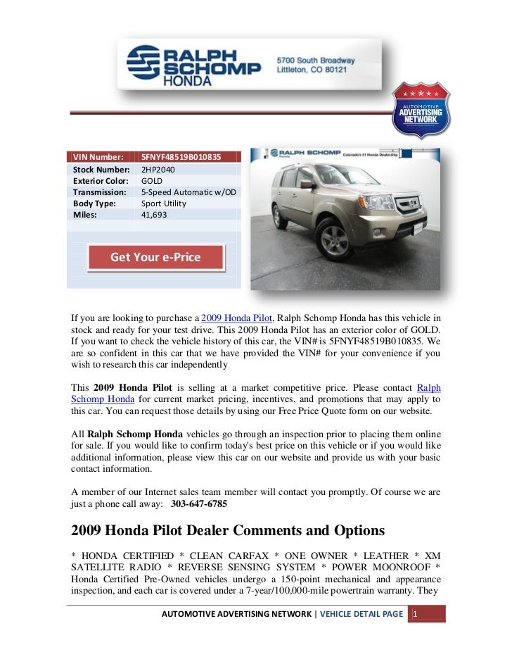 Ralph Schomp Honda >> 2009 Honda Pilot Denver Ralph Schomp Honda >> 2009 Honda Pilot Denver