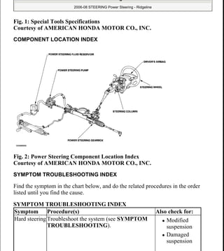 Fig. 1: Special Tools Specifications
Courtesy of AMERICAN HONDA MOTOR CO., INC.
COMPONENT LOCATION INDEX
Fig. 2: Power Steering Component Location Index
Courtesy of AMERICAN HONDA MOTOR CO., INC.
SYMPTOM TROUBLESHOOTING INDEX
Find the symptom in the chart below, and do the related procedures in the order
listed until you find the cause.
SYMPTOM TROUBLESHOOTING INDEX
Symptom Procedure(s) Also check for:
Hard steering Troubleshoot the system (see SYMPTOM
TROUBLESHOOTING).
 Modified
suspension
 Damaged
suspension
2008 Honda Ridgeline RT
2006-08 STEERING Power Steering - Ridgeline
me
Monday, April 13, 2009 5:30:52 AM Page 2 © 2005 Mitchell Repair Information Company, LLC.
 