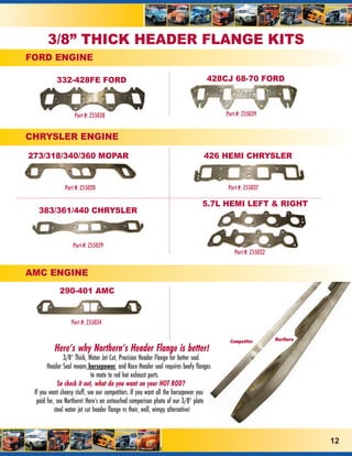 3/8” THICK HEADER FLANGE KITS
FORD ENGINE

           332-428FE FORD                                                        428CJ 68-70 FORD



                   Part #: Z55038                                                     Part #: Z55039


CHRYSLER ENGINE

273/318/340/360 MOPAR                                                          426 HEMI CHRYSLER


               Part #: Z55020                                                         Part #: Z55037

                                                                               5.7L HEMI LEFT & RIGHT
  383/361/440 CHRYSLER



                  Part #: Z55029
                                                                                         Part #: Z55032


AMC ENGINE
            290-401 AMC


                  Part #: Z55034

                                                                                       Competitor         Northern

          Here’s why Northern’s Header Flange is better!
                3/8” Thick, Water Jet Cut, Precision Header Flange for better seal.
       Header Seal means horsepower, and Race Header seal requires beefy flanges
                              to mate to red hot exhaust ports.
             So check it out, what do you want on your HOT ROD?
 If you want cheesy stuff, see our competitors. If you want all the horsepower you
  paid for, see Northern! Here’s an untouched comparison photo of our 3/8” plate
           steel water jet cut header flange vs their, well, wimpy alternative!



                                                                                                                     12
 