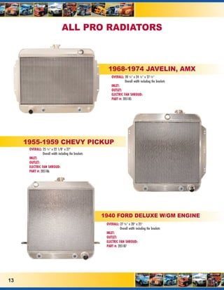 ALL PRO RADIATORS



                                                         1968-1974 JAVELIN, AMX
                                                            OVERALL: 20 ½” x 24 ½” x 27 ½”
                                                                      Overall width including the brackets
                                                            INLET:
                                                            OUTLET:
                                                            ELECTRIC FAN SHROUD:
                                                            PART #: 205185




     1955-1959 CHEVY PICKUP
      OVERALL: 25 ¼” x 22 1/8” x 27”
                Overall width including the brackets
      INLET:
      OUTLET:
      ELECTRIC FAN SHROUD:
      PART #: 205186




                                                       1940 FORD DELUXE W/GM ENGINE
                                                        OVERALL: 27 ¾” x 20” x 25”
                                                                  Overall width including the brackets
                                                        INLET:
                                                        OUTLET:
                                                        ELECTRIC FAN SHROUD:
                                                        PART #: 205187




13
 