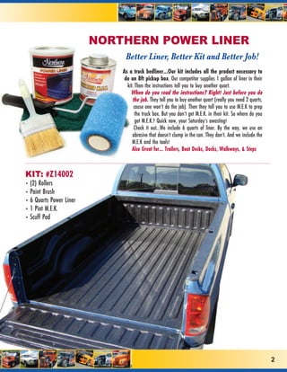 NORTHERN POWER LINER
                              Better Liner, Better Kit and Better Job!
                             As a truck bedliner...Our kit includes all the product necessary to
                              do an 8ft pickup box. Our competitor supplies 1 gallon of liner in their
                               kit. Then the instructions tell you to buy another quart.
                                 When do you read the instructions? Right! Just before you do
                                  the job. They tell you to buy another quart (really you need 2 quarts,
                                   cause one won’t do the job). Then they tell you to use M.E.K to prep
                                    the truck box. But you don’t get M.E.K. in their kit. So where do you
                                    get M.E.K.? Quick now, your Saturday’s awasting!
                                   Check it out...We include 6 quarts of liner. By the way, we use an
                                  abrasive that doesn’t clump in the can. They don’t. And we include the
                                  M.E.K and the tools!
                                  Also Great for... Trailers, Boat Decks, Docks, Walkways, & Steps



KIT: #Z14002
• (2) Rollers
• Paint Brush
• 6 Quarts Power Liner
• 1 Pint M.E.K.
• Scuff Pad




                                                                                                            2
 