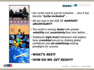 • Our world used to just be turbulent … now it has
become “turbo-turbulent” …
• We are now in the AGE OF RAMPANT
UNCERTAINTY
• The world is moving faster with greater
volatility and uncertainty than ever before …
• Traditional high-trust institutions and leaders
have crumbled around us shaking global
confidence and de-stabilizing existing
paradigms for success
• WHAT’S NEXT!
• HOW DO WE GET READY?
 